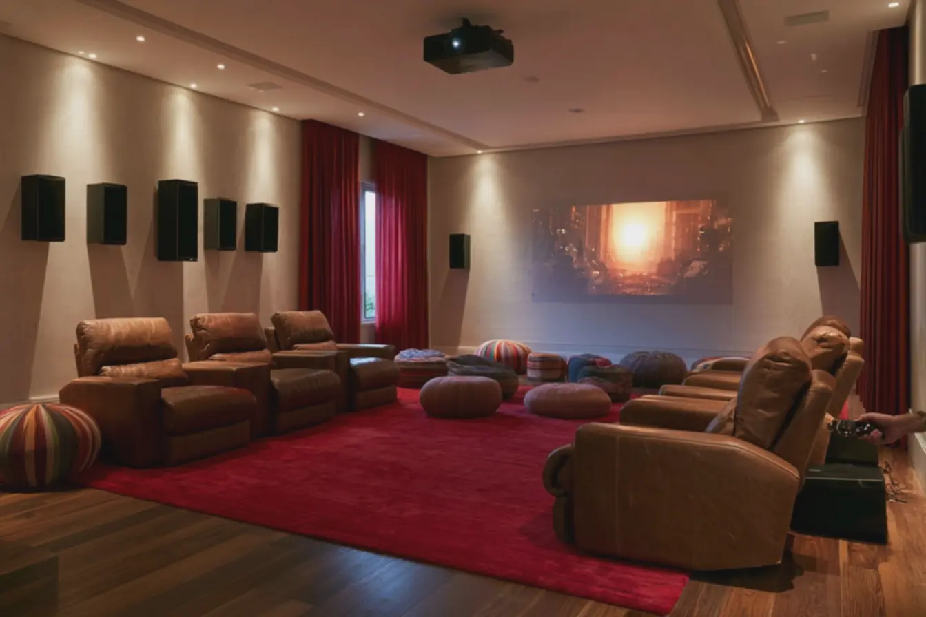 poltronas-reclinaveis-em-couro-marrom-organizadas-em-duas-fileiras-com-tapetevermelho-vivo-e-pufes-arredondados Como criar uma sala de cinema em casa: simples e aconchegante para curtir com a família poltronas-reclinaveis-em-couro-marrom-organizadas-em-duas-fileiras-com-tapetevermelho-vivo-e-pufes-arredondados Como criar uma sala de cinema em casa: simples e aconchegante para curtir com a família