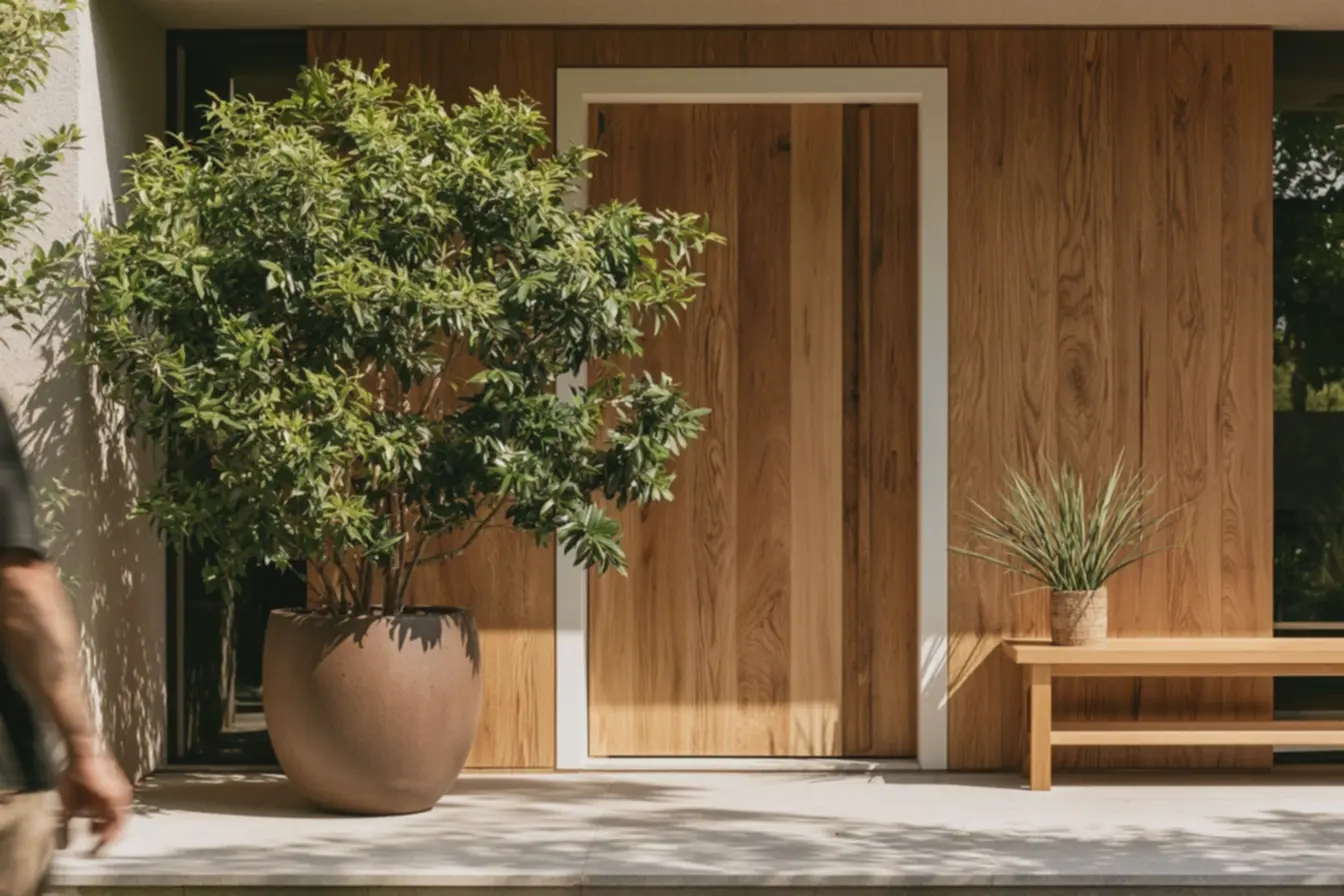 porta-clara-com-composicao-minimalista-de-plantas-e-elementos-naturais A presença das plantas na entrada que faz a casa parecer convidativa sem exageros visuais porta-clara-com-composicao-minimalista-de-plantas-e-elementos-naturais A presença das plantas na entrada que faz a casa parecer convidativa sem exageros visuais