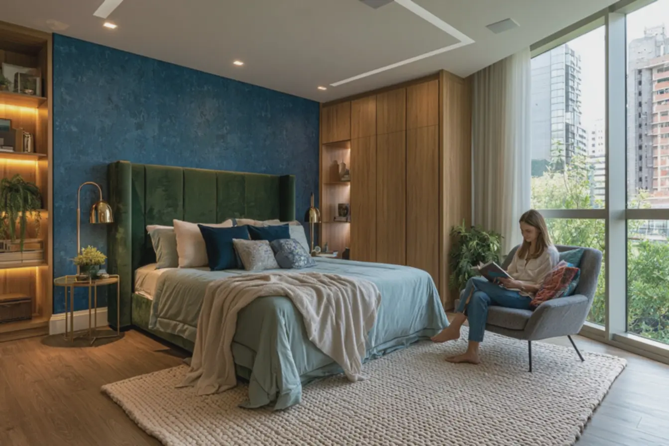 quarto-de-casal-luxuoso-com-parede-azul-vibrante-cabeceira-alta-em-veludo-verdemusgo-e-iluminacao-em-camadas Como ter um quarto de casal lindo e elegante? Veja as dicas da decoradora. quarto-de-casal-luxuoso-com-parede-azul-vibrante-cabeceira-alta-em-veludo-verdemusgo-e-iluminacao-em-camadas Como ter um quarto de casal lindo e elegante? Veja as dicas da decoradora.