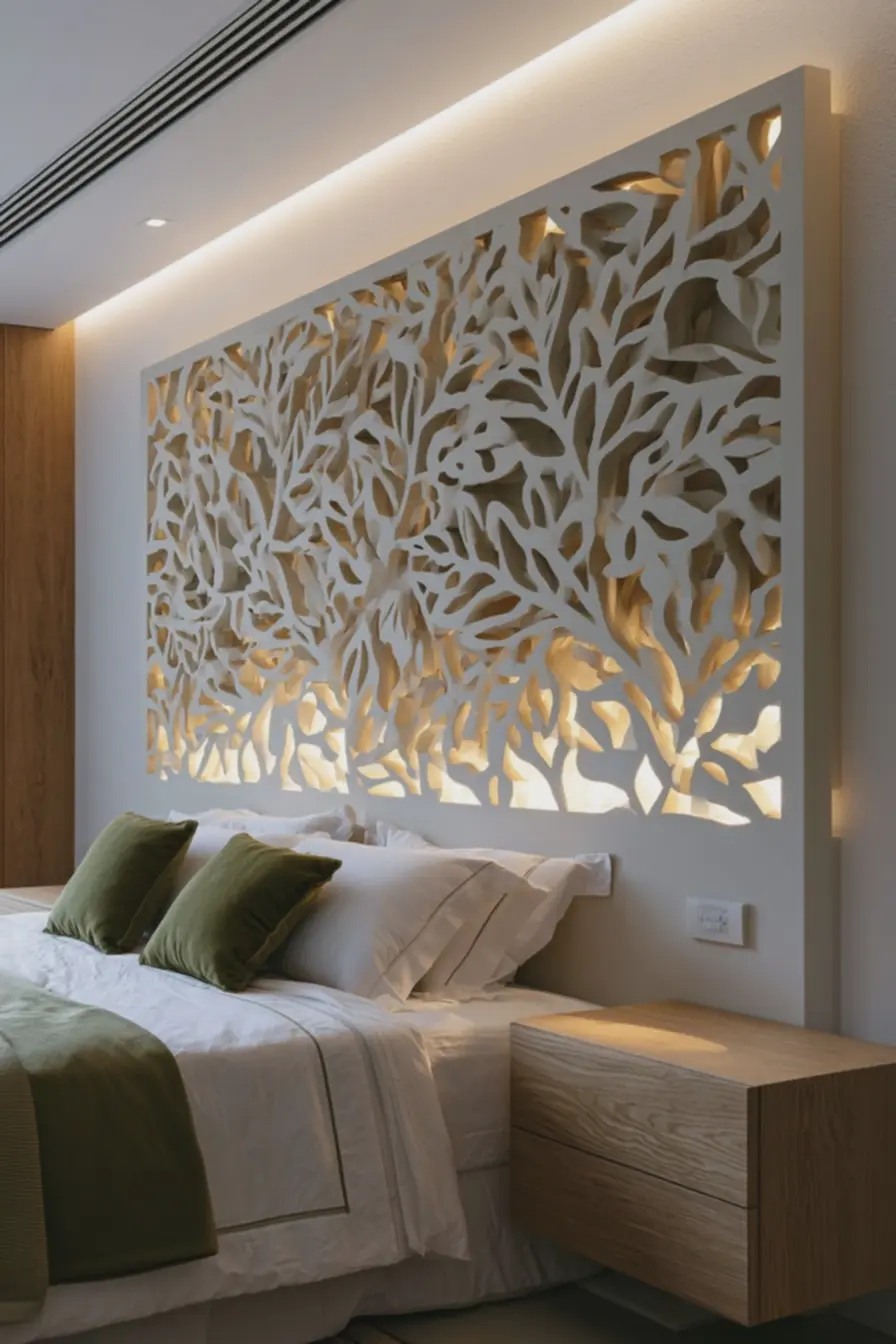 quarto-espacoso-com-cabeceira-de-mdf-em-laca-fosca-marfim-iluminada-porbacklight-led-quente Quadros vazados em mdf são a nova tendência na decoração e vamos mostrar o motivo quarto-espacoso-com-cabeceira-de-mdf-em-laca-fosca-marfim-iluminada-porbacklight-led-quente Quadros vazados em mdf são a nova tendência na decoração e vamos mostrar o motivo