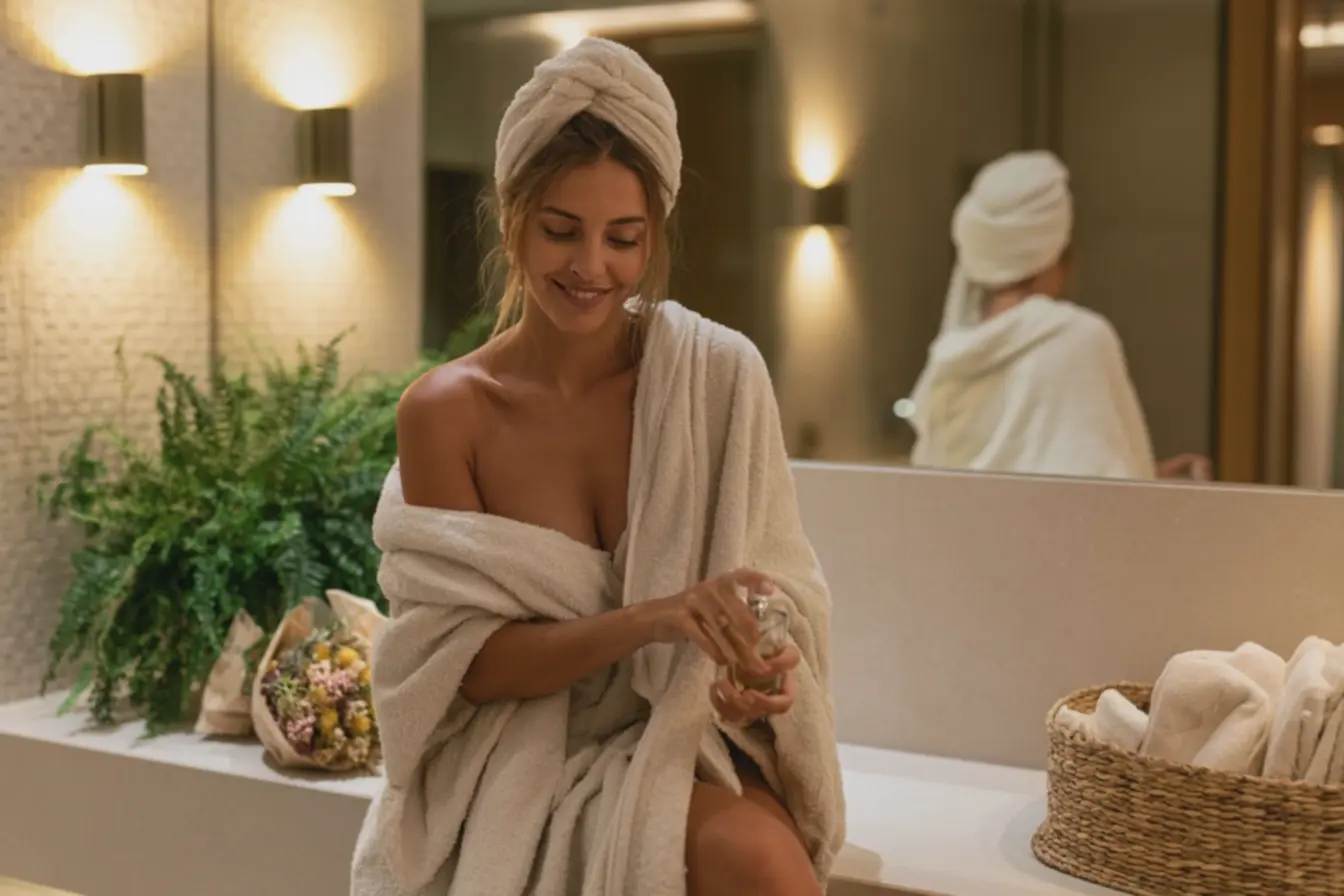 reflexo-de-mulher-sorridente-no-espelho-grande-com-luz-quente-de-arandelaslaterais 7 toques simples que transformam banheiros comuns em refúgios de conforto e estilo sem gastar muito reflexo-de-mulher-sorridente-no-espelho-grande-com-luz-quente-de-arandelaslaterais 7 toques simples que transformam banheiros comuns em refúgios de conforto e estilo sem gastar muito
