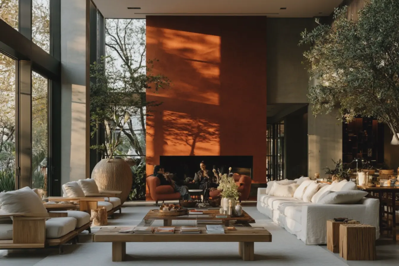 sala-ampla-com-pe-direito-alto-e-parede-terracota-profundo-acabamento-aveludado Como os tons terrosos renovam a sensação de aconchego e sofisticação na decoração além do bege tradicional sala-ampla-com-pe-direito-alto-e-parede-terracota-profundo-acabamento-aveludado Como os tons terrosos renovam a sensação de aconchego e sofisticação na decoração além do bege tradicional