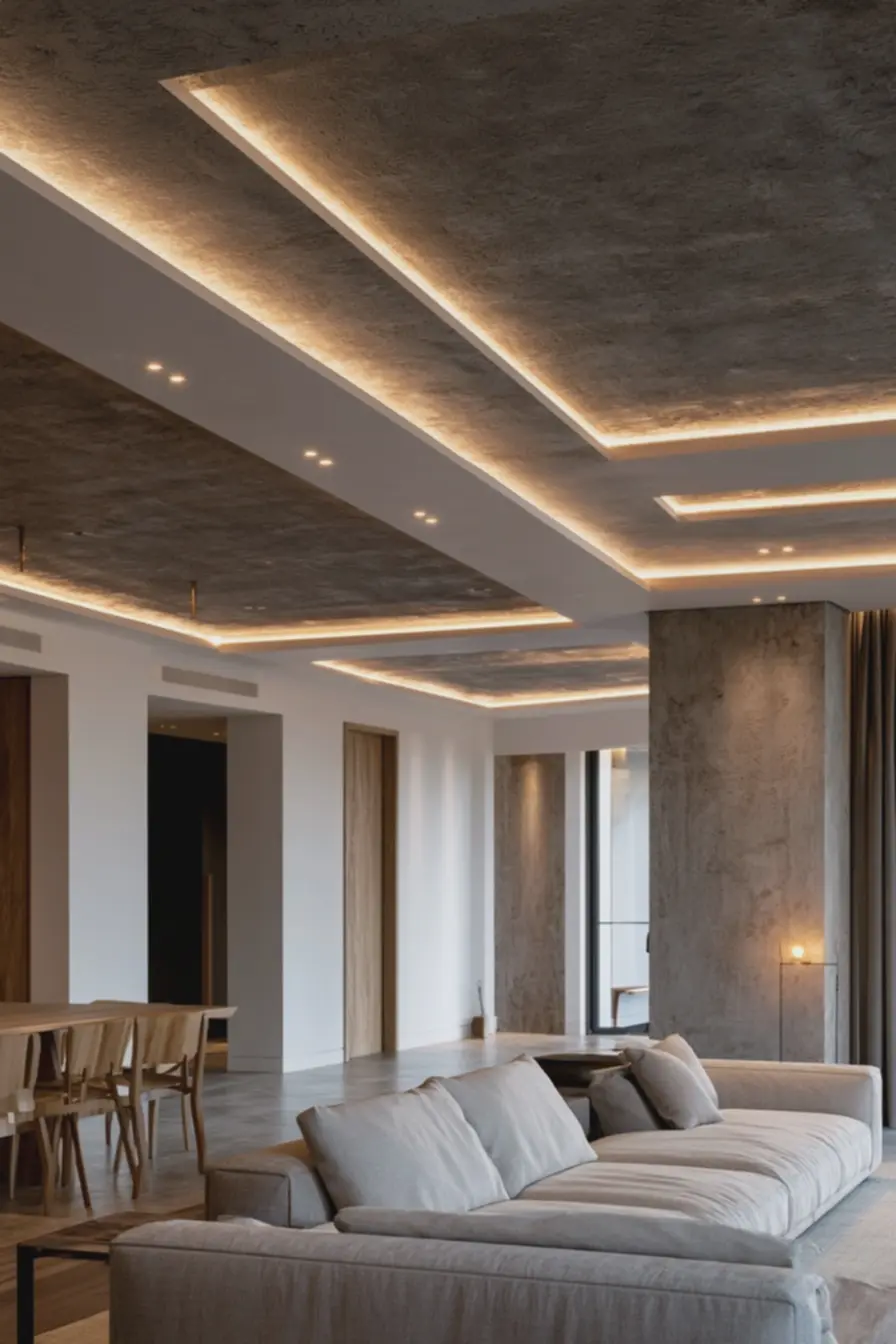 sala-de-estar-moderna-com-teto-cinza-quente-texturizado-e-iluminacao-indiretanas-sancas-de-gesso O charme inesperado do teto: ideias que elevam a decoração e renovam qualquer ambiente sala-de-estar-moderna-com-teto-cinza-quente-texturizado-e-iluminacao-indiretanas-sancas-de-gesso O charme inesperado do teto: ideias que elevam a decoração e renovam qualquer ambiente