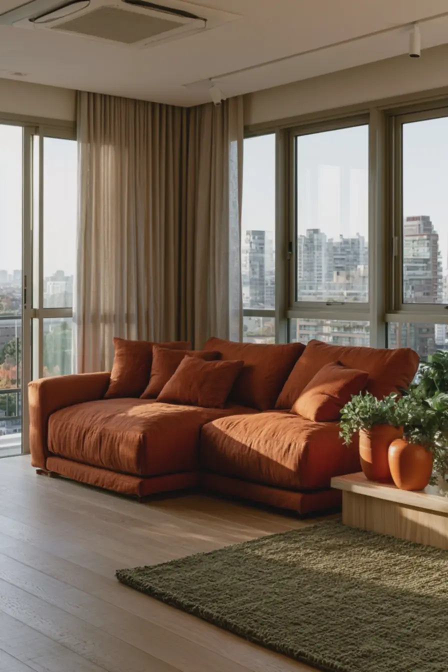 sala-minimalista-com-sofa-terracota-queimado-e-paredes-brancas-com-luz-naturalsuave O calor das cores naturais que está deixando os ambientes minimalistas muito mais acolhedores e vivos sala-minimalista-com-sofa-terracota-queimado-e-paredes-brancas-com-luz-naturalsuave O calor das cores naturais que está deixando os ambientes minimalistas muito mais acolhedores e vivos