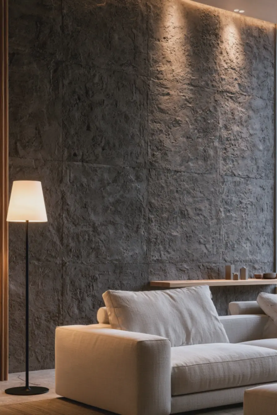 sofa-bege-claro-e-luminaria-que-valorizam-textura-do-painel-cimenticio-rustico Chega de reboco: Agora temos opções melhores em revestimento para parede sofa-bege-claro-e-luminaria-que-valorizam-textura-do-painel-cimenticio-rustico Chega de reboco: Agora temos opções melhores em revestimento para parede