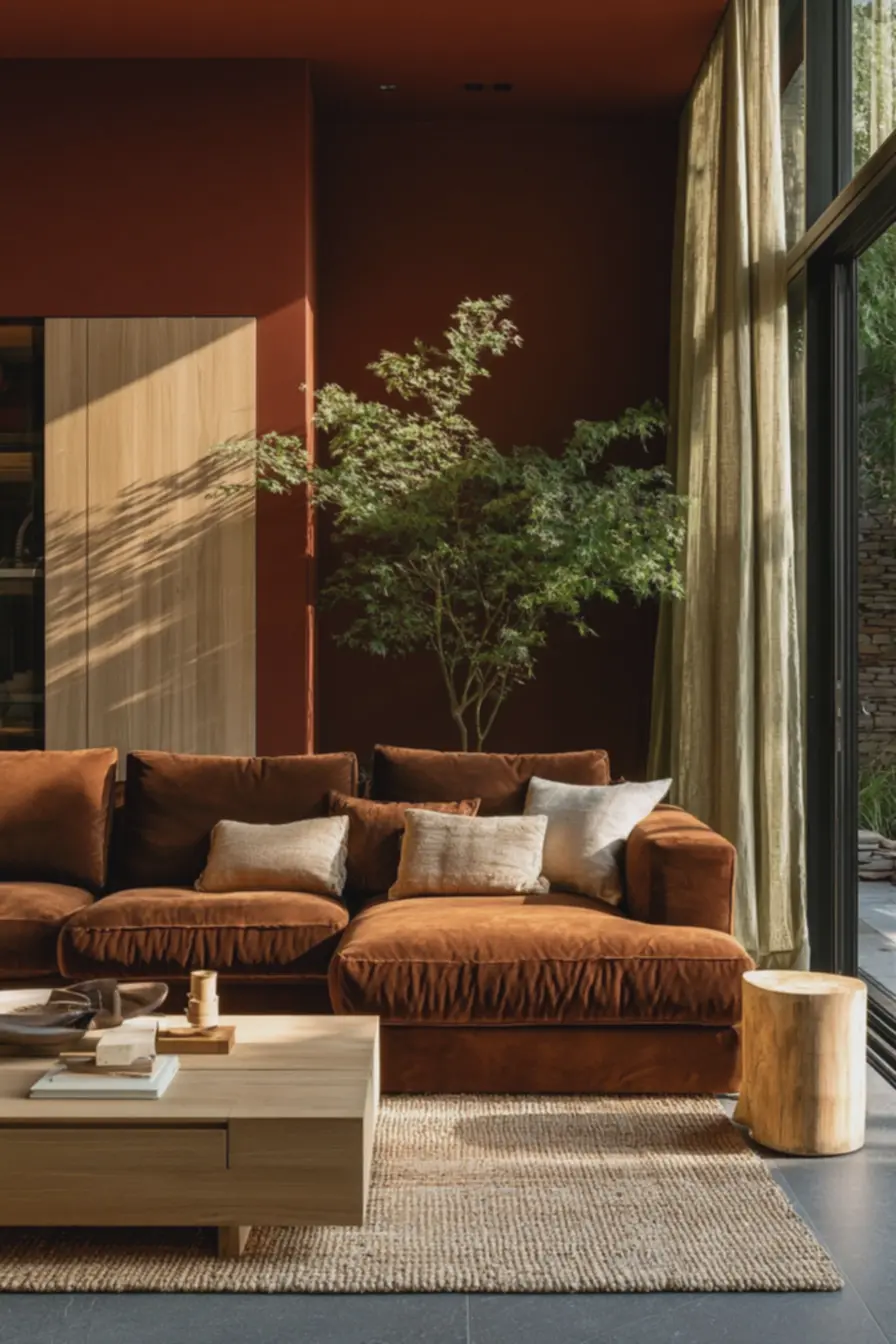 tapete-de-sisal-e-moveis-de-madeira-clara-em-sala-terrosa-iluminada-com-detalhesnaturais Como os tons terrosos renovam a sensação de aconchego e sofisticação na decoração além do bege tradicional tapete-de-sisal-e-moveis-de-madeira-clara-em-sala-terrosa-iluminada-com-detalhesnaturais Como os tons terrosos renovam a sensação de aconchego e sofisticação na decoração além do bege tradicional