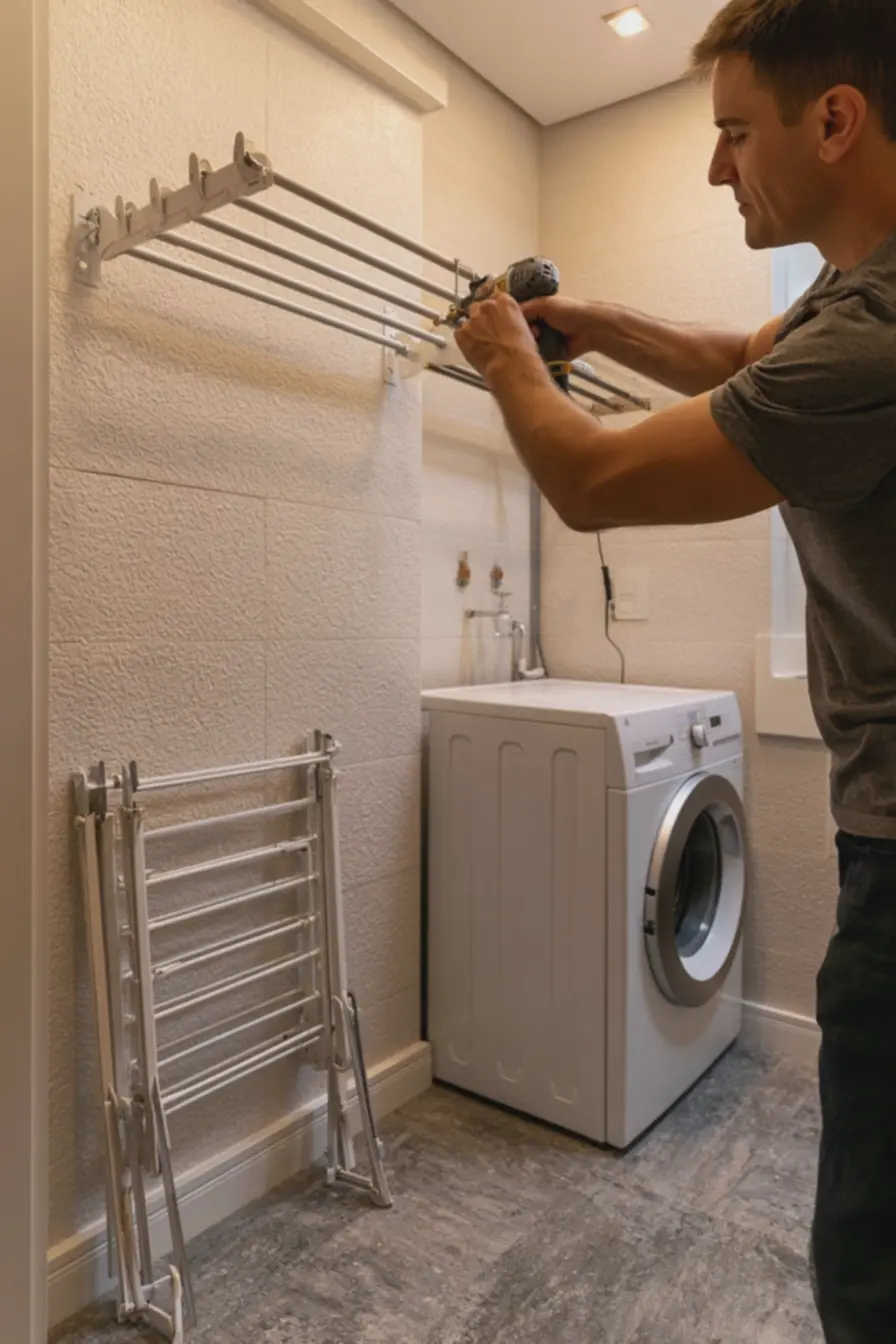 uso-de-furadeira-eletrica-para-fixacao-segura-de-varal-metalico-branco-em-paredede-lavanderia-compacta Chega de lavanderia improvisada: ideias simples para deixar o espaço bonito e funcional uso-de-furadeira-eletrica-para-fixacao-segura-de-varal-metalico-branco-em-paredede-lavanderia-compacta Chega de lavanderia improvisada: ideias simples para deixar o espaço bonito e funcional