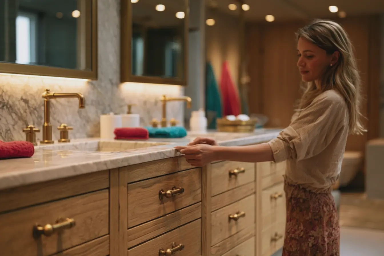 acessorios-de-banho-coloridos-e-bancada-de-marmore-com-puxadores-metalicos-comodetalhe-central-na-decoracao Puxadores metálicos para móveis: o detalhe que muda sua decoração silenciosamente acessorios-de-banho-coloridos-e-bancada-de-marmore-com-puxadores-metalicos-comodetalhe-central-na-decoracao Puxadores metálicos para móveis: o detalhe que muda sua decoração silenciosamente