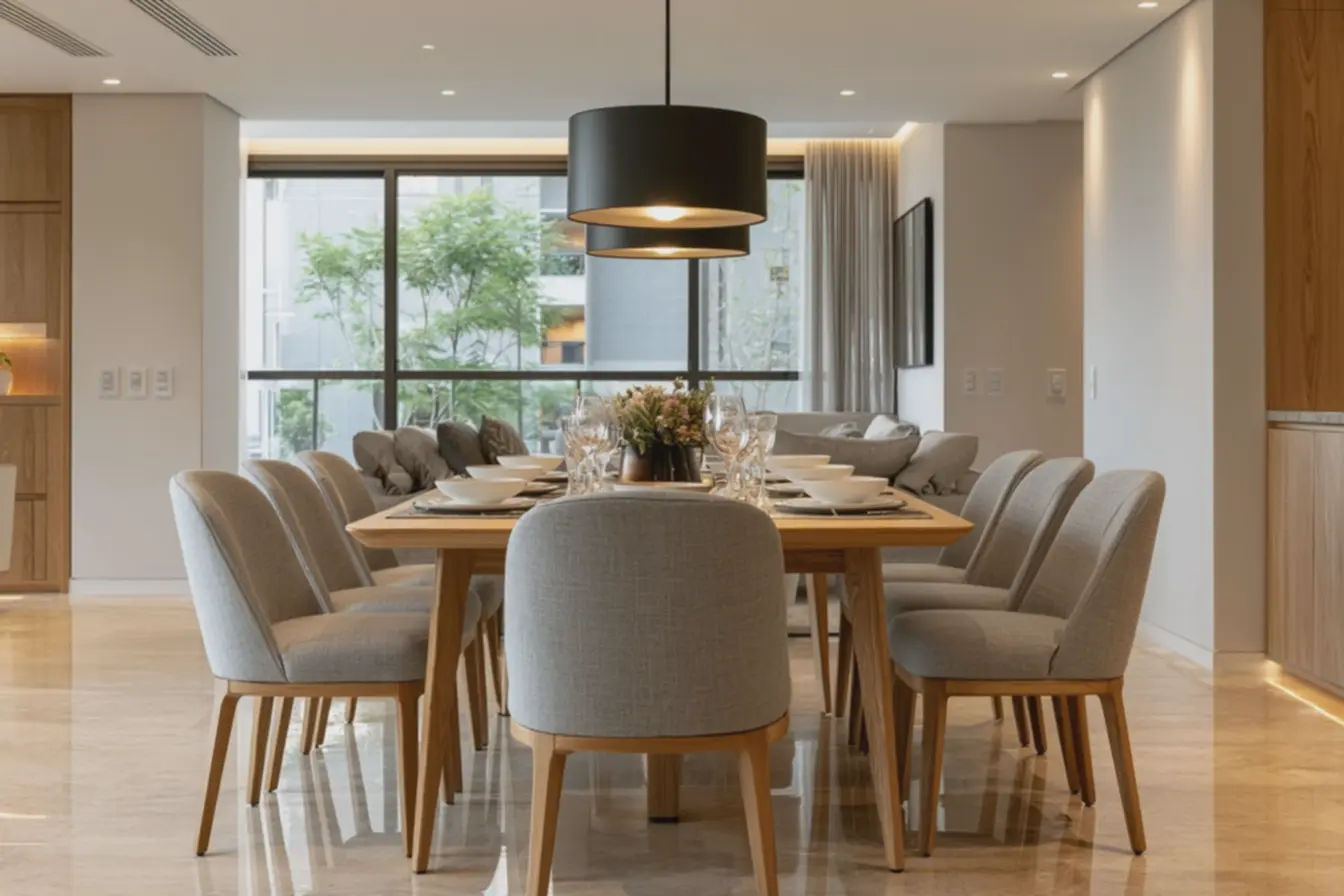 ambiente-aconchegante-de-jantar-com-luz-quente-e-decoracao-minimalista-em-tonsneutros Os melhores modelos de luminária pendente para decoração ambiente-aconchegante-de-jantar-com-luz-quente-e-decoracao-minimalista-em-tonsneutros Os melhores modelos de luminária pendente para decoração
