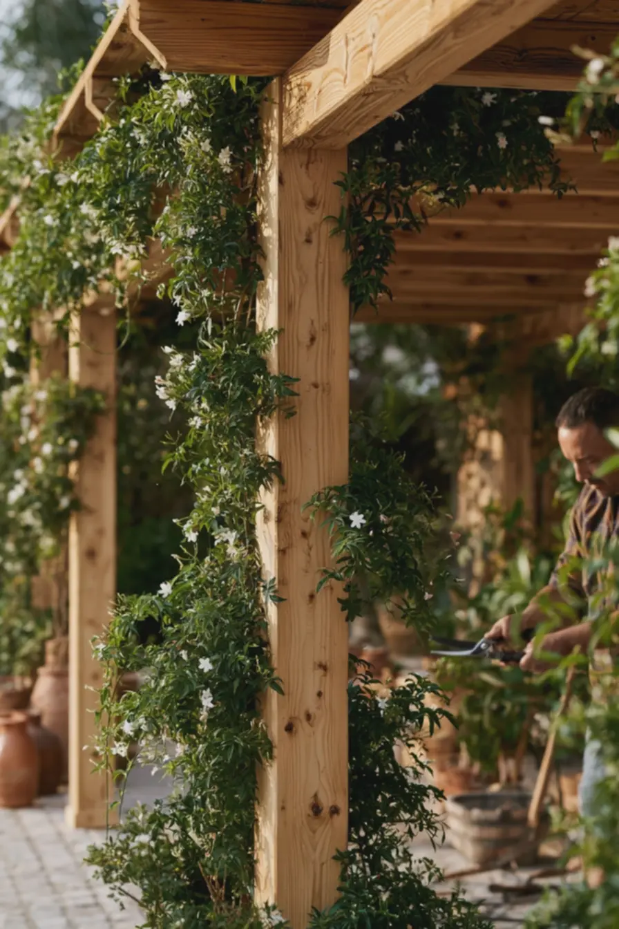 ambiente-de-jardim-organizado-com-vasos-de-barro-e-ferramentas-de-jardinagem-aoredor-do-pergolado Sombra, privacidade e aroma: plantas ideais para cobrir pergolado de madeira no quintal ambiente-de-jardim-organizado-com-vasos-de-barro-e-ferramentas-de-jardinagem-aoredor-do-pergolado Sombra, privacidade e aroma: plantas ideais para cobrir pergolado de madeira no quintal
