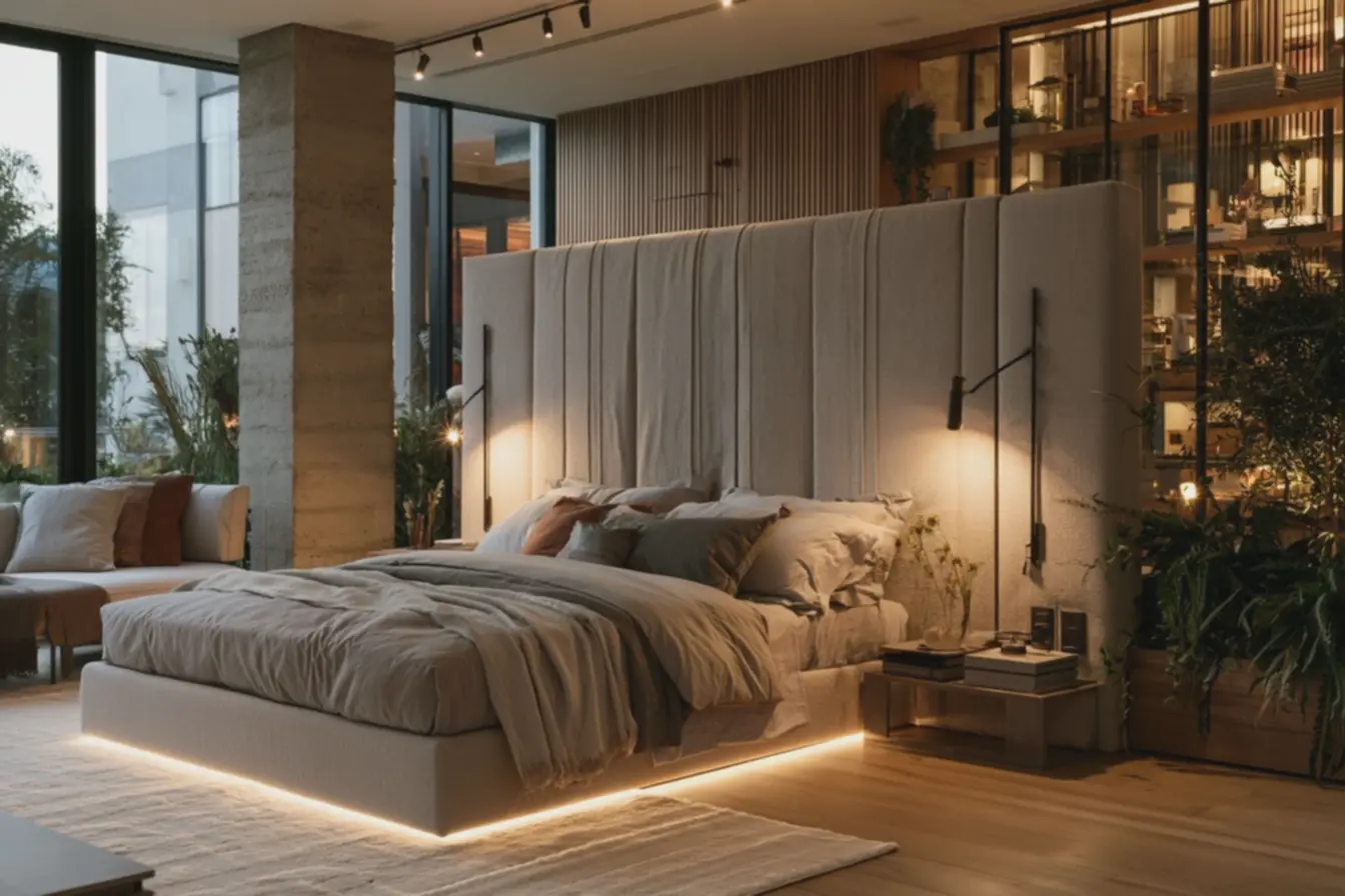 arandelas-modernas-com-luz-quente-ajustavel-realcando-texturas-e-sombras-nacabeceira-imponente Cabeceiras estofadas e iluminação pontual: dupla que amplia e valoriza o quarto de casal arandelas-modernas-com-luz-quente-ajustavel-realcando-texturas-e-sombras-nacabeceira-imponente Cabeceiras estofadas e iluminação pontual: dupla que amplia e valoriza o quarto de casal