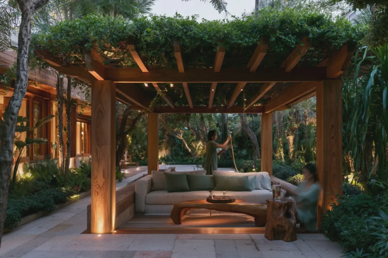area-externa-decorada-sofa-bege-almofadas-verde-musgo-iluminacao-led-tom-quenteatmosfera-acolhedora-no-quintal Pergolado de madeira no quintal: o detalhe que muda o clima do seu espaço area-externa-decorada-sofa-bege-almofadas-verde-musgo-iluminacao-led-tom-quenteatmosfera-acolhedora-no-quintal Pergolado de madeira no quintal: o detalhe que muda o clima do seu espaço
