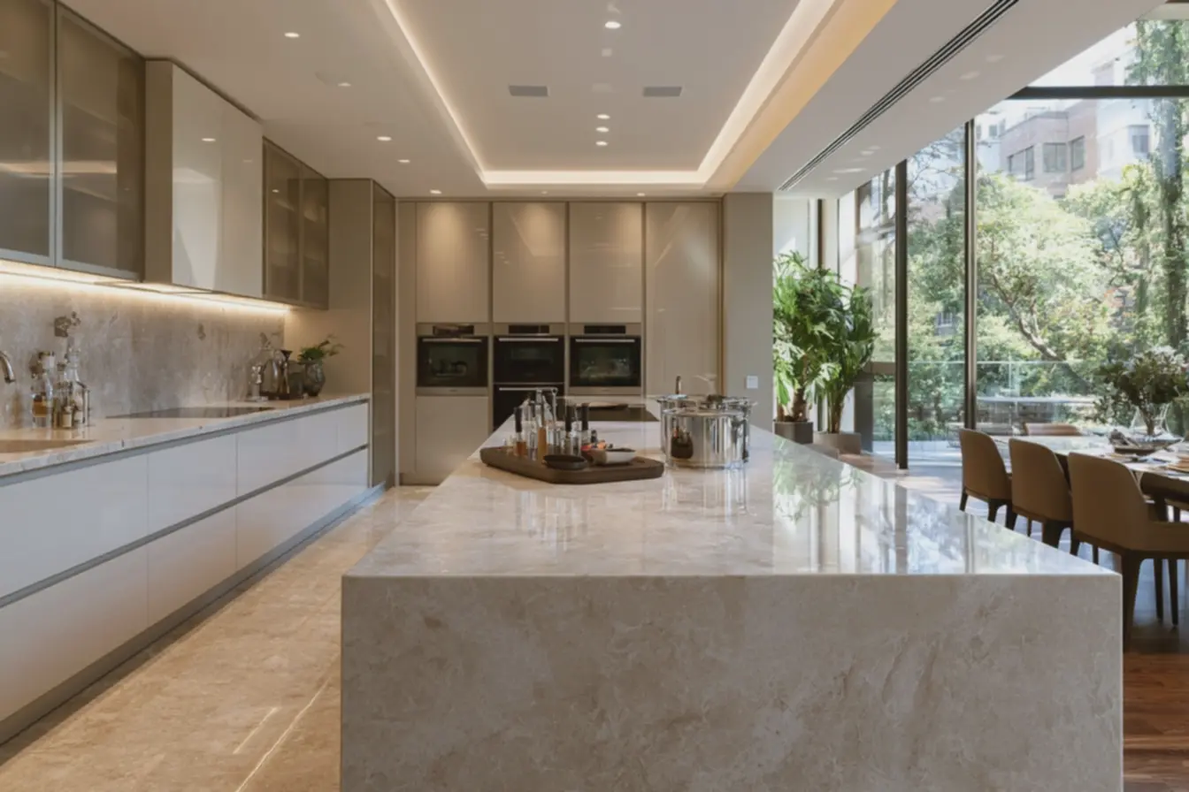 bancada-ampla-em-quartzo-claro-composito-com-textura-que-imita-pedra-natural-epuxadores-embutidos Cozinha com toque europeu: materiais que resistem ao calor e à umidade bancada-ampla-em-quartzo-claro-composito-com-textura-que-imita-pedra-natural-epuxadores-embutidos Cozinha com toque europeu: materiais que resistem ao calor e à umidade