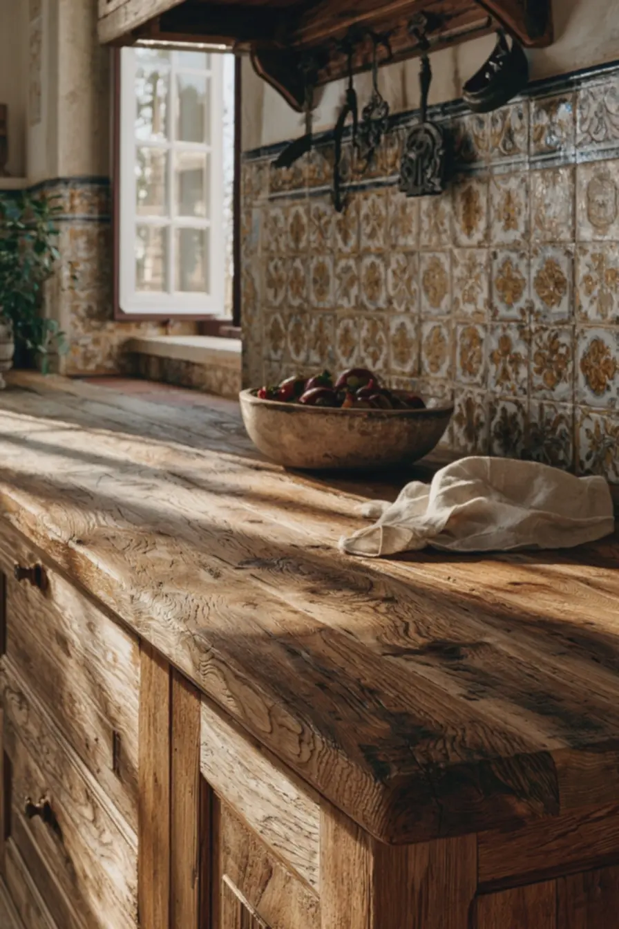 bancada-de-cozinha-colonial-em-madeira-macica-com-textura-natural-e-azulejospintados-a-mao Decoração colonial: o estilo que resgata história e aconchego na sua casa bancada-de-cozinha-colonial-em-madeira-macica-com-textura-natural-e-azulejospintados-a-mao Decoração colonial: o estilo que resgata história e aconchego na sua casa