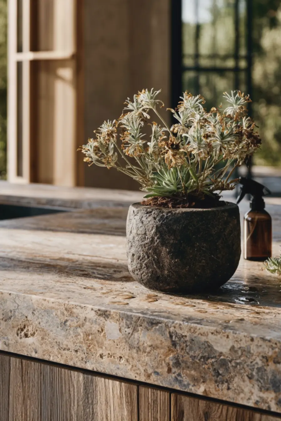bancada-de-cozinha-com-revestimento-em-marmore-travertino-e-planta-suculenta-emvaso-de-pedra-escura Ambientes que surpreendem: a harmonia inesperada entre pedra natural e plantas no décor moderno bancada-de-cozinha-com-revestimento-em-marmore-travertino-e-planta-suculenta-emvaso-de-pedra-escura Ambientes que surpreendem: a harmonia inesperada entre pedra natural e plantas no décor moderno