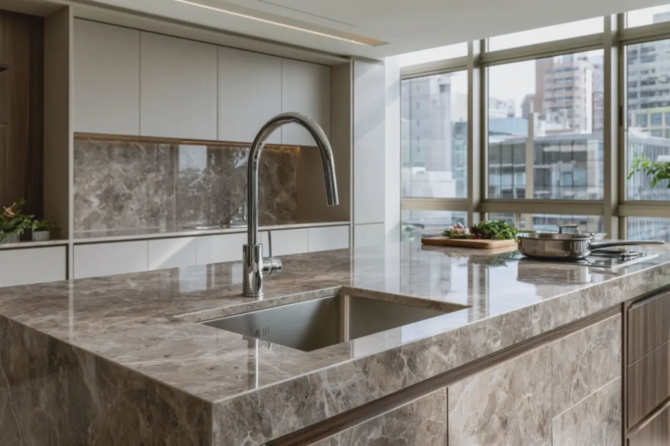 bancada-de-marmore-sintetico-com-textura-lisa-e-acabamento-elegante-em-cozinharesidencial Pia de mármore sintético: o detalhe que renova sua cozinha sem gastar muito bancada-de-marmore-sintetico-com-textura-lisa-e-acabamento-elegante-em-cozinharesidencial Pia de mármore sintético: o detalhe que renova sua cozinha sem gastar muito