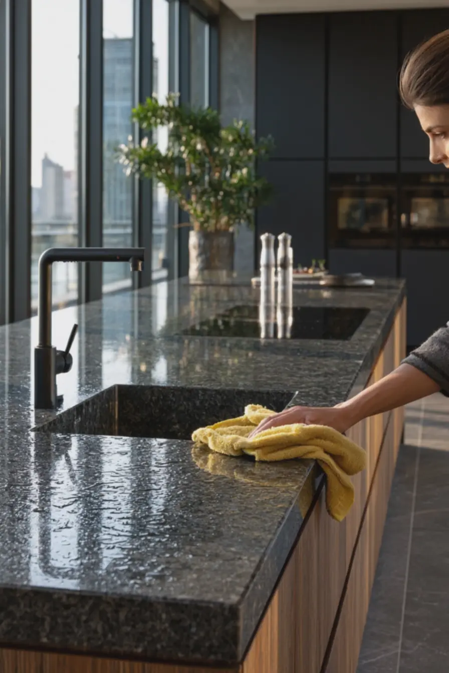 bancada-escura-de-granito-preto-polido-com-manchas-de-gordura-e-goticulas-deagua-em-cozinha Bancadas claras e tapetes texturados para equilibrar cozinhas em tons escuros bancada-escura-de-granito-preto-polido-com-manchas-de-gordura-e-goticulas-deagua-em-cozinha Bancadas claras e tapetes texturados para equilibrar cozinhas em tons escuros