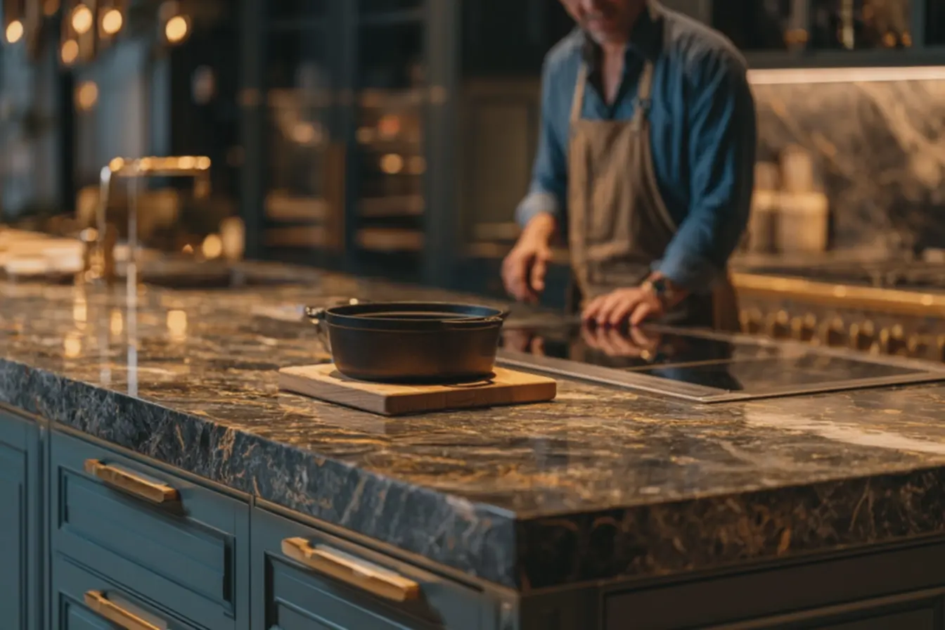 bancada-gourmet-de-marmore-sintetico-preto-com-veios-dourados-e-texturabrilhante-na-cozinha Pia de mármore sintético: o detalhe que renova sua cozinha sem gastar muito bancada-gourmet-de-marmore-sintetico-preto-com-veios-dourados-e-texturabrilhante-na-cozinha Pia de mármore sintético: o detalhe que renova sua cozinha sem gastar muito