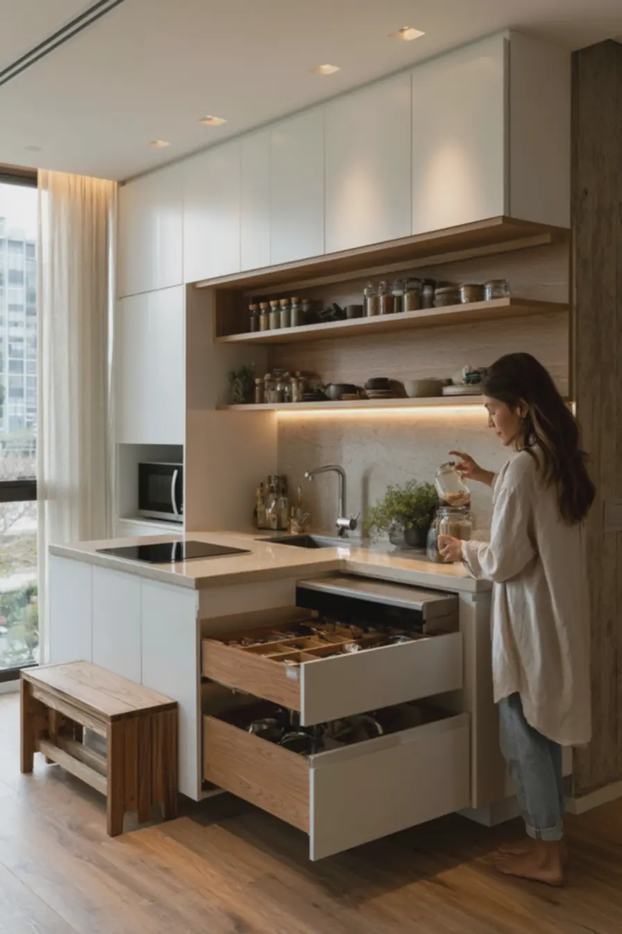 banco-dobravel-de-madeira-recolhido-para-otimizar-espaco-em-cozinha-integrada-deapartamento-pequeno Modelos de apartamento pequeno: ideias que ampliam espaço e estilo rápido banco-dobravel-de-madeira-recolhido-para-otimizar-espaco-em-cozinha-integrada-deapartamento-pequeno Modelos de apartamento pequeno: ideias que ampliam espaço e estilo rápido