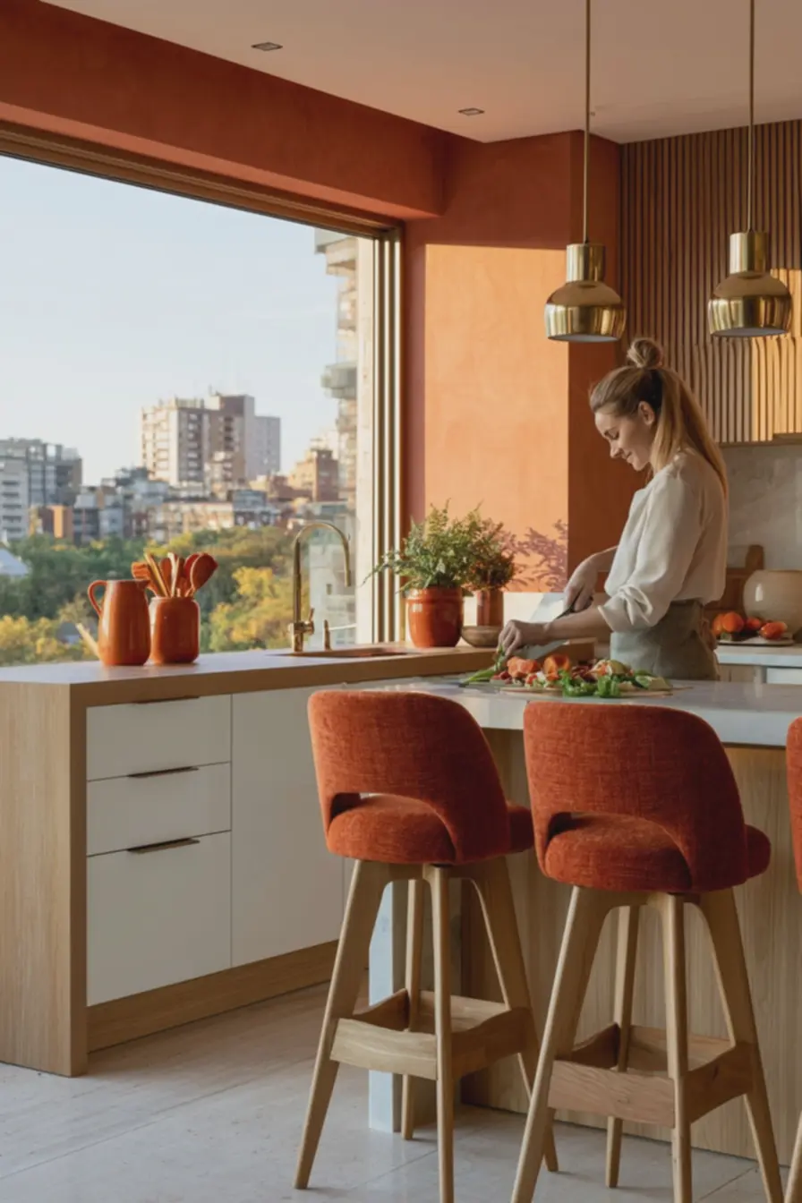 bancos-em-madeira-com-assentos-estofados-em-tecido-laranja-tangerina-vibrante-emcozinha-funcional-e-alegre Decorar com tons de laranja: como criar ambientes cheios de energia e aconchego bancos-em-madeira-com-assentos-estofados-em-tecido-laranja-tangerina-vibrante-emcozinha-funcional-e-alegre Decorar com tons de laranja: como criar ambientes cheios de energia e aconchego