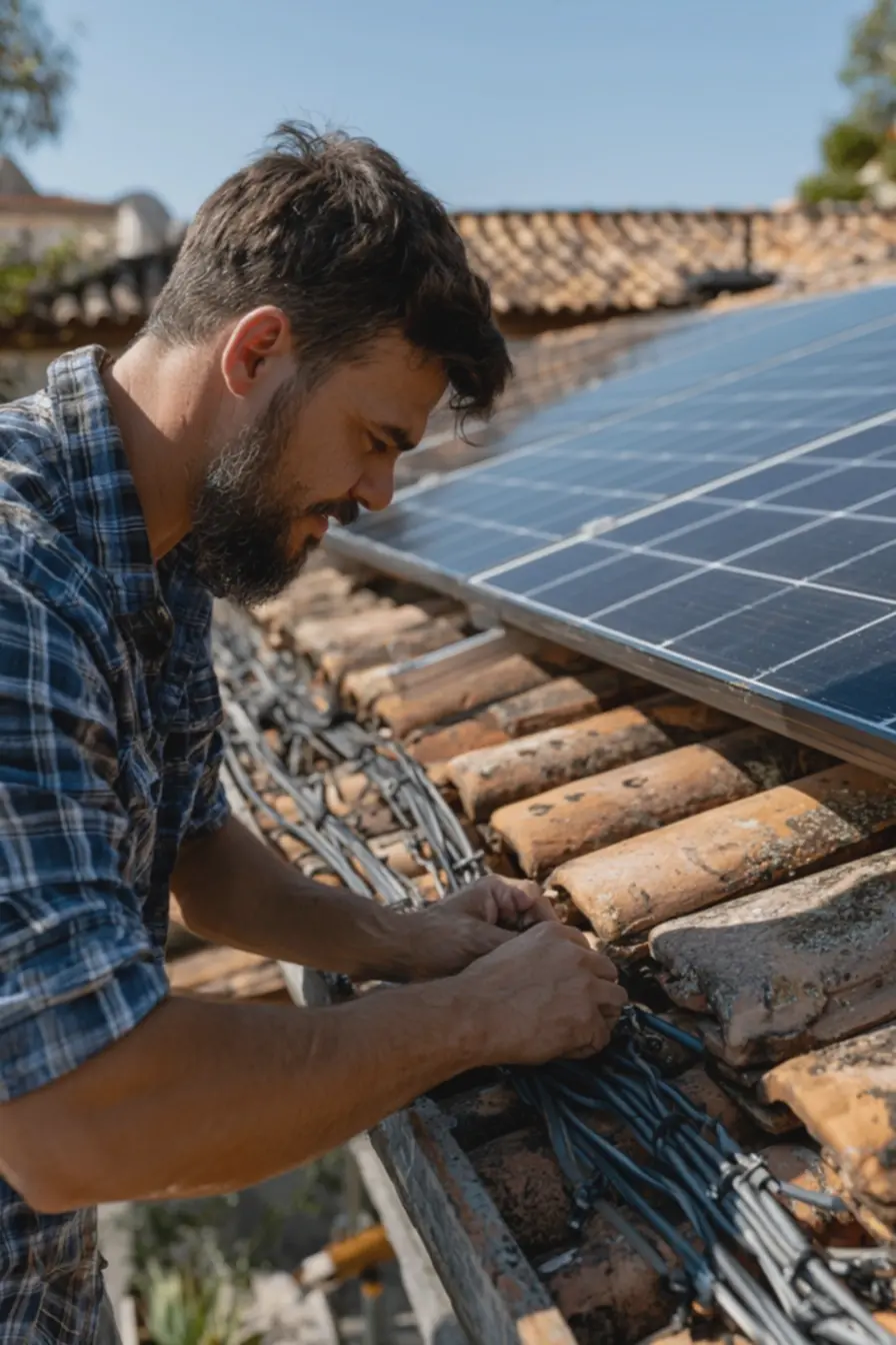 cabos-de-paineis-solares-sem-emaranhados-fixados-sob-beiral-de-telhado Painel solar no telhado: impacto na estética, manutenção e preço na revenda cabos-de-paineis-solares-sem-emaranhados-fixados-sob-beiral-de-telhado Painel solar no telhado: impacto na estética, manutenção e preço na revenda