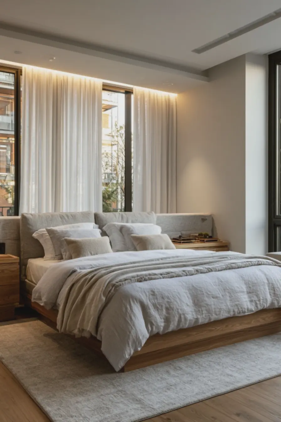 cama-de-tamanho-medio-com-cabeceira-estofada-proporcional-com-tapete-neutrogrande-que-ultrapassa-40-cm-dos-lados-da-cama Cortinas curtas, tapetes pequenos e outros deslizes que roubam espaço visual do quarto cama-de-tamanho-medio-com-cabeceira-estofada-proporcional-com-tapete-neutrogrande-que-ultrapassa-40-cm-dos-lados-da-cama Cortinas curtas, tapetes pequenos e outros deslizes que roubam espaço visual do quarto
