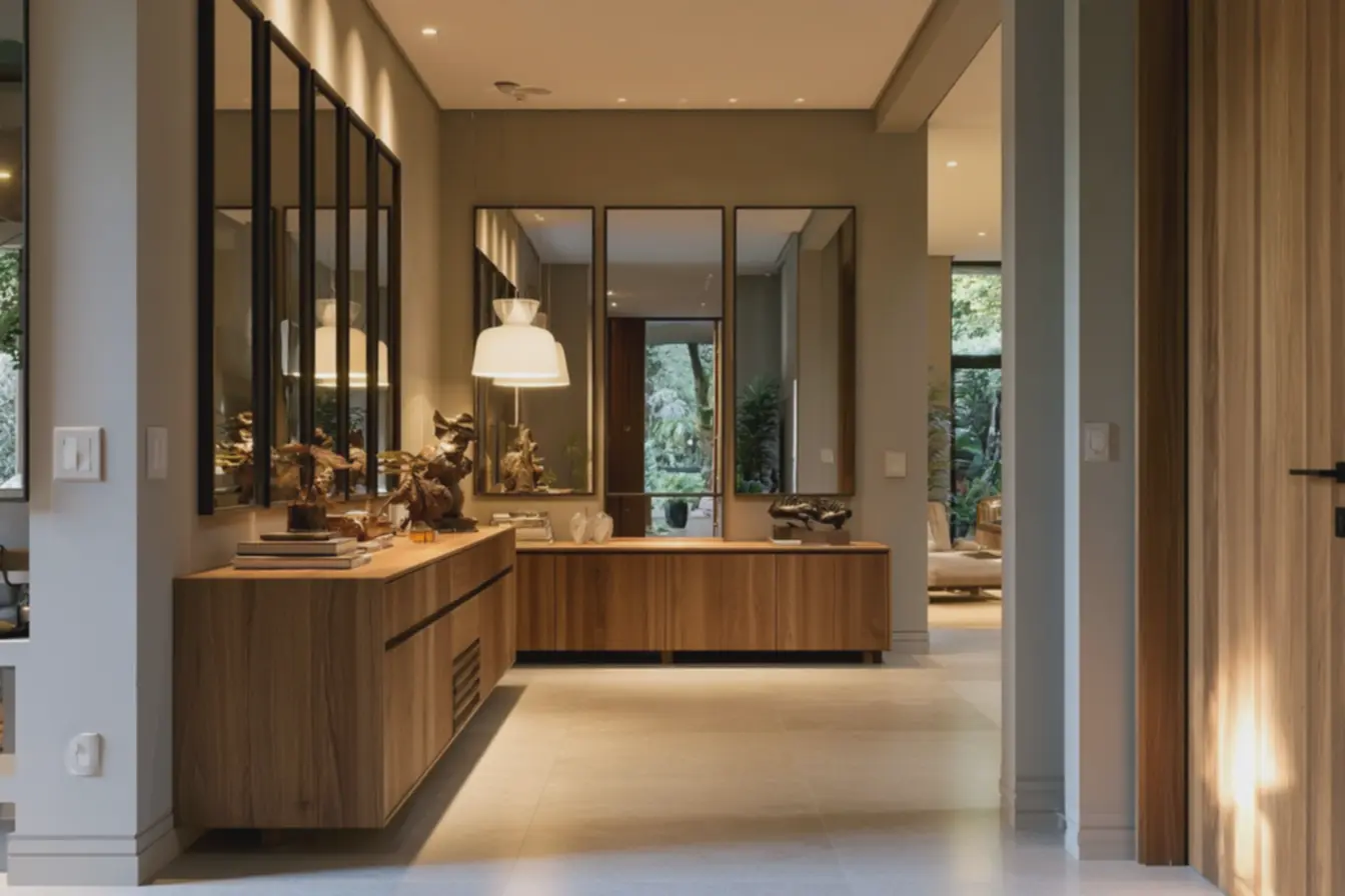 chao-porcelanato-claro-refletindo-luz-natural-na-entrada-do-corredor-comdecoracao-equilibrada Altura ideal do aparador: equilibrando quadros, espelhos e luminárias no corredor chao-porcelanato-claro-refletindo-luz-natural-na-entrada-do-corredor-comdecoracao-equilibrada Altura ideal do aparador: equilibrando quadros, espelhos e luminárias no corredor