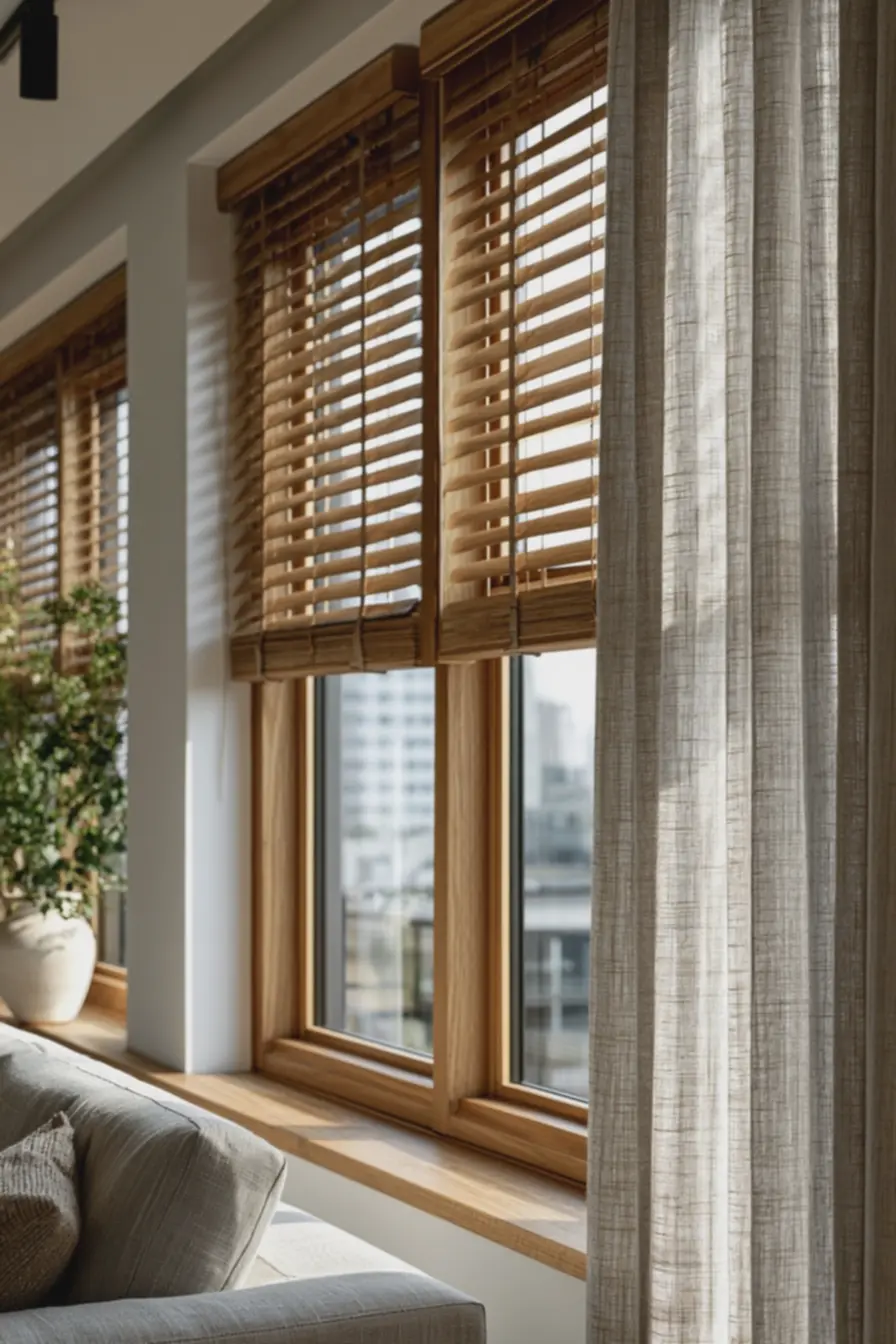 close-no-varao-de-cortina-instalado-acima-do-batente-com-persianas-de-madeiraclara-e-cortinas-de-algodao-fino Persianas de madeira com cortina leve: quando combinar e quando evitar close-no-varao-de-cortina-instalado-acima-do-batente-com-persianas-de-madeiraclara-e-cortinas-de-algodao-fino Persianas de madeira com cortina leve: quando combinar e quando evitar