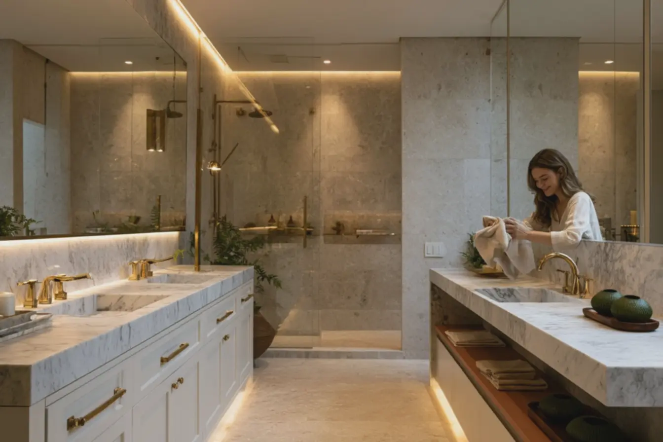 combinacao-de-luxo-discreto-e-rusticidade-em-banheiro-com-detalhes-dourados-etexturas-naturais Veja como usar tons de dourado na decoração sem exagerar, segundo especialistas combinacao-de-luxo-discreto-e-rusticidade-em-banheiro-com-detalhes-dourados-etexturas-naturais Veja como usar tons de dourado na decoração sem exagerar, segundo especialistas