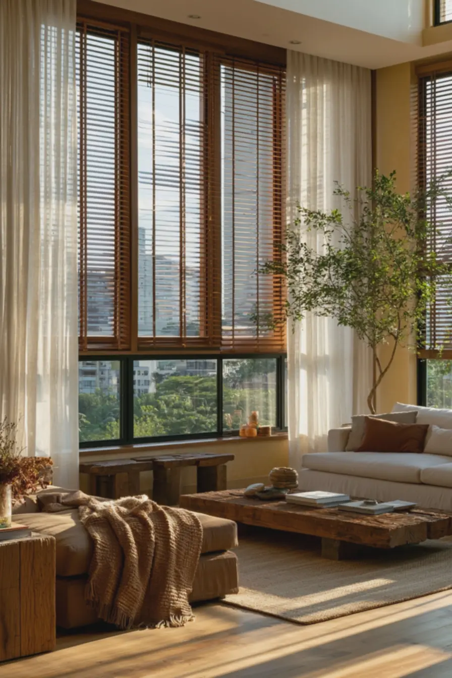 combinacao-de-persianas-de-madeira-e-cortinas-leves-criando-atmosferaaconchegante-e-arejada Persianas de madeira com cortina leve: quando combinar e quando evitar combinacao-de-persianas-de-madeira-e-cortinas-leves-criando-atmosferaaconchegante-e-arejada Persianas de madeira com cortina leve: quando combinar e quando evitar