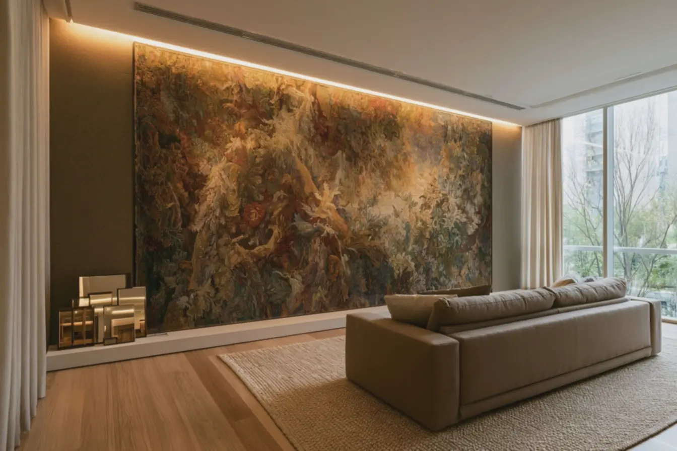 composicao-harmoniosa-com-sofa-marrom-claro-tapete-bege-e-madeira-claravalorizando-parede-decorada Ideias baratas para decorar paredes sem furar: opções simples e de grande efeito composicao-harmoniosa-com-sofa-marrom-claro-tapete-bege-e-madeira-claravalorizando-parede-decorada Ideias baratas para decorar paredes sem furar: opções simples e de grande efeito
