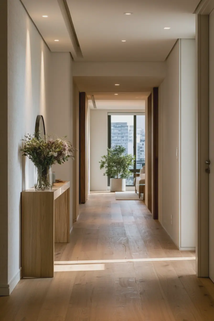 corredor-estreito-residencial-com-aparador-fino-de-madeira-clara-e-passagemlivre-confortavel Aparador ou cômoda: medidas e proporções que funcionam em corredores estreitos corredor-estreito-residencial-com-aparador-fino-de-madeira-clara-e-passagemlivre-confortavel Aparador ou cômoda: medidas e proporções que funcionam em corredores estreitos