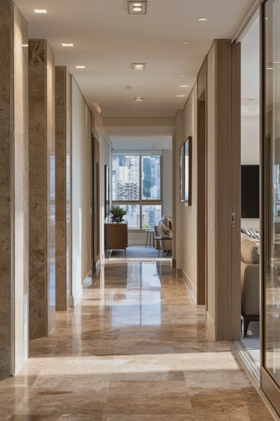 corredor-moderno-com-piso-de-porcelanato-retangular-grande-em-tons-bege-claro Tamanho e acabamento do piso: escolha que alarga ou aperta cada ambiente corredor-moderno-com-piso-de-porcelanato-retangular-grande-em-tons-bege-claro Tamanho e acabamento do piso: escolha que alarga ou aperta cada ambiente