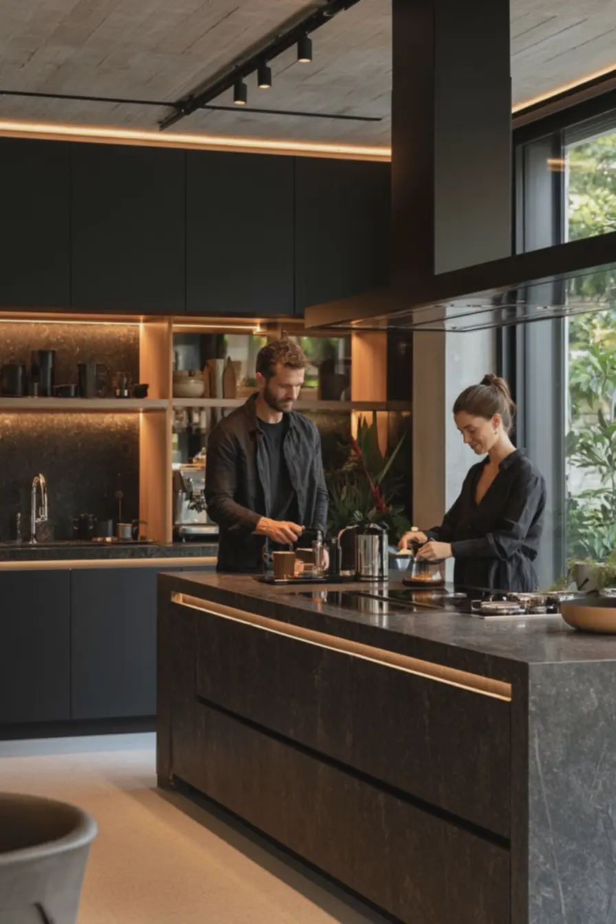 cozinha-com-armarios-pretos-foscos-iluminacao-led-quente-e-bancada-de-marmoreescuro-com-bordas-claras O charme inesperado das cozinhas escuras: ideias para deixar o espaço mais leve e acolhedor cozinha-com-armarios-pretos-foscos-iluminacao-led-quente-e-bancada-de-marmoreescuro-com-bordas-claras O charme inesperado das cozinhas escuras: ideias para deixar o espaço mais leve e acolhedor