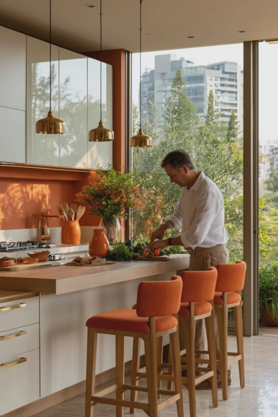 cozinha-compacta-integrada-com-bancada-de-madeira-clara-e-parede-laranja-coralacetinada-refletindo-luz-natural Decorar com tons de laranja: como criar ambientes cheios de energia e aconchego cozinha-compacta-integrada-com-bancada-de-madeira-clara-e-parede-laranja-coralacetinada-refletindo-luz-natural Decorar com tons de laranja: como criar ambientes cheios de energia e aconchego