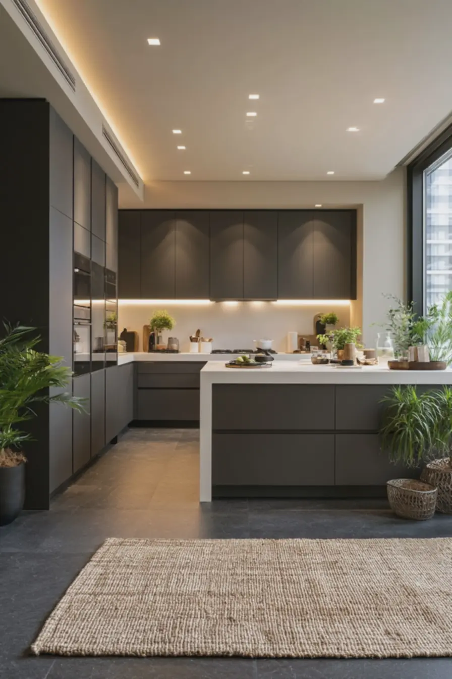 cozinha-contemporanea-com-armarios-grafite-e-bancada-clara-de-quartzo-cremosoiluminada-por-luz-natural Bancadas claras e tapetes texturados para equilibrar cozinhas em tons escuros cozinha-contemporanea-com-armarios-grafite-e-bancada-clara-de-quartzo-cremosoiluminada-por-luz-natural Bancadas claras e tapetes texturados para equilibrar cozinhas em tons escuros