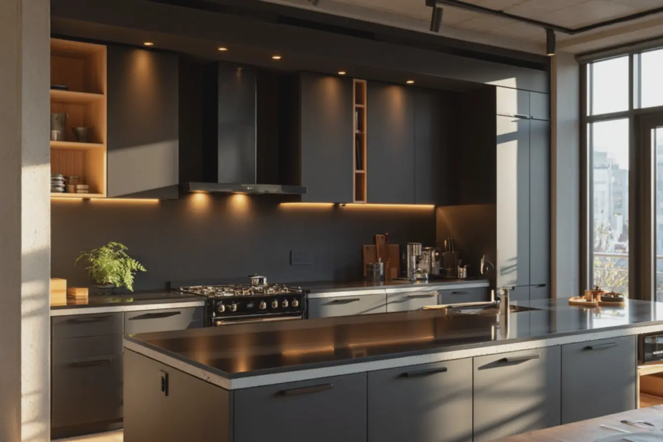 cozinha-escura-contemporanea-com-armarios-pretos-foscos-bancada-preta-com-bordasclaras-em-cimento-queimado O charme inesperado das cozinhas escuras: ideias para deixar o espaço mais leve e acolhedor cozinha-escura-contemporanea-com-armarios-pretos-foscos-bancada-preta-com-bordasclaras-em-cimento-queimado O charme inesperado das cozinhas escuras: ideias para deixar o espaço mais leve e acolhedor