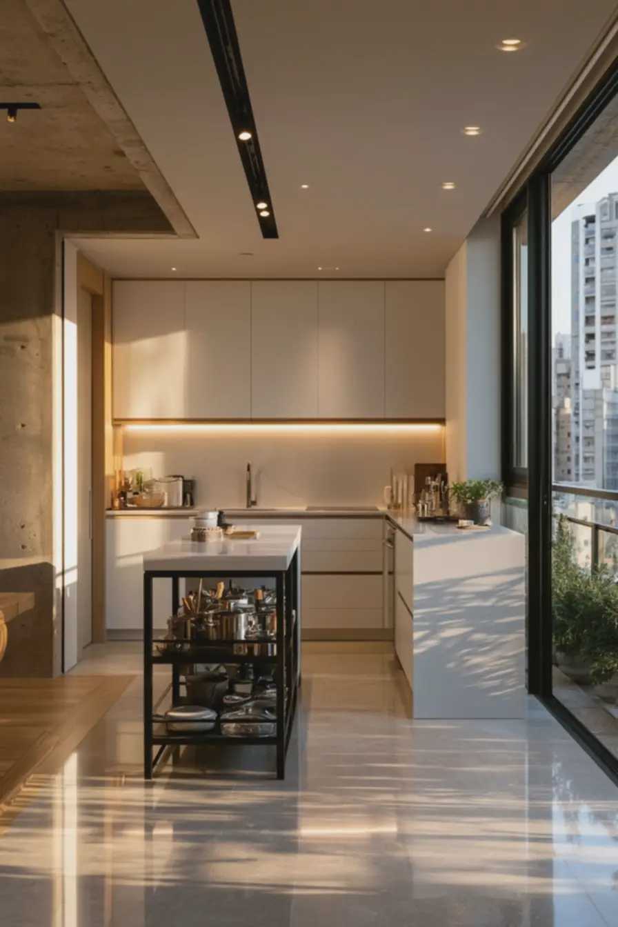 cozinha-pequena-iluminada-com-ilha-movel-central-em-tampo-branco-e-estruturametalica-preta Zonas flexíveis: ilhas móveis e bancadas retráteis que ampliam cozinhas pequenas cozinha-pequena-iluminada-com-ilha-movel-central-em-tampo-branco-e-estruturametalica-preta Zonas flexíveis: ilhas móveis e bancadas retráteis que ampliam cozinhas pequenas