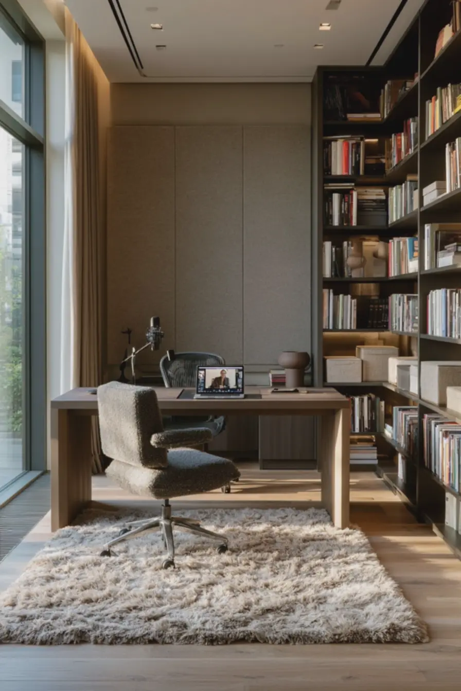 decor-e-funcionalidade-em-home-office-com-paineis-acusticos-tapete-denso-eestante-texturizada-para-reduzir-ruidos Acústica no home office: painéis, tapetes e estantes que melhoram foco e chamadas decor-e-funcionalidade-em-home-office-com-paineis-acusticos-tapete-denso-eestante-texturizada-para-reduzir-ruidos Acústica no home office: painéis, tapetes e estantes que melhoram foco e chamadas