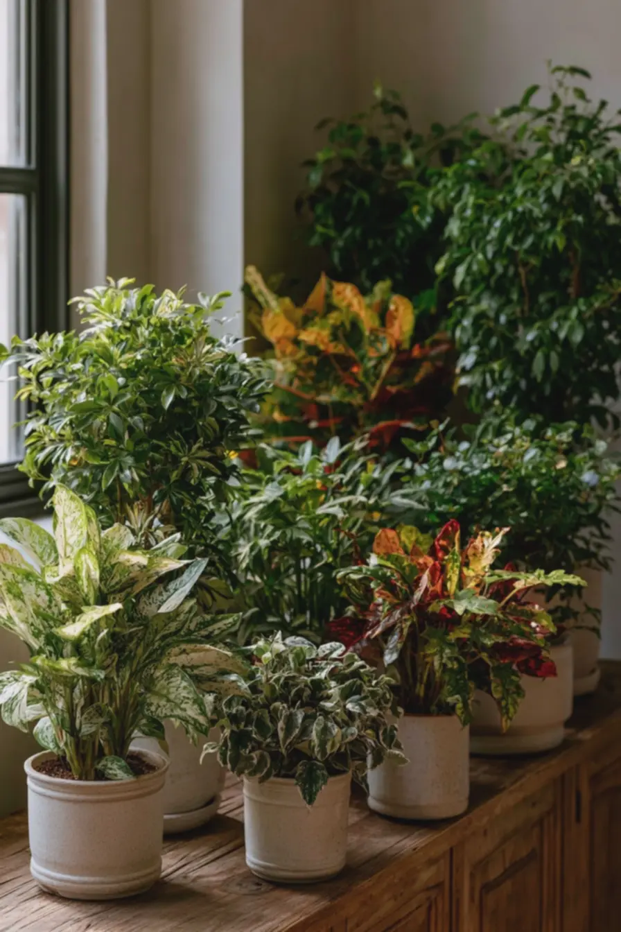 decoracao-com-vasos-de-ceramica-fosca-e-plantas-coloridas-em-ambiente-internopouco-iluminado Plantas com folhagens coloridas ideais para salas escuras e varandas compactas decoracao-com-vasos-de-ceramica-fosca-e-plantas-coloridas-em-ambiente-internopouco-iluminado Plantas com folhagens coloridas ideais para salas escuras e varandas compactas