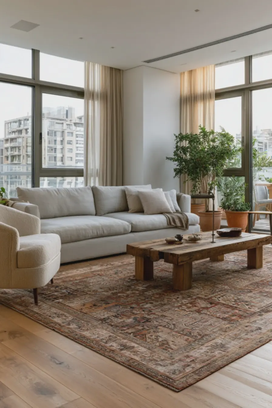 decoracao-de-sala-com-piso-de-madeira-clara-poltrona-de-tecido-cru-e-plantas-emvasos-criando-ambiente-organizado-e-harmonioso Escala da estampa: tapetes que ampliam ou reduzem a sensação do cômodo decoracao-de-sala-com-piso-de-madeira-clara-poltrona-de-tecido-cru-e-plantas-emvasos-criando-ambiente-organizado-e-harmonioso Escala da estampa: tapetes que ampliam ou reduzem a sensação do cômodo