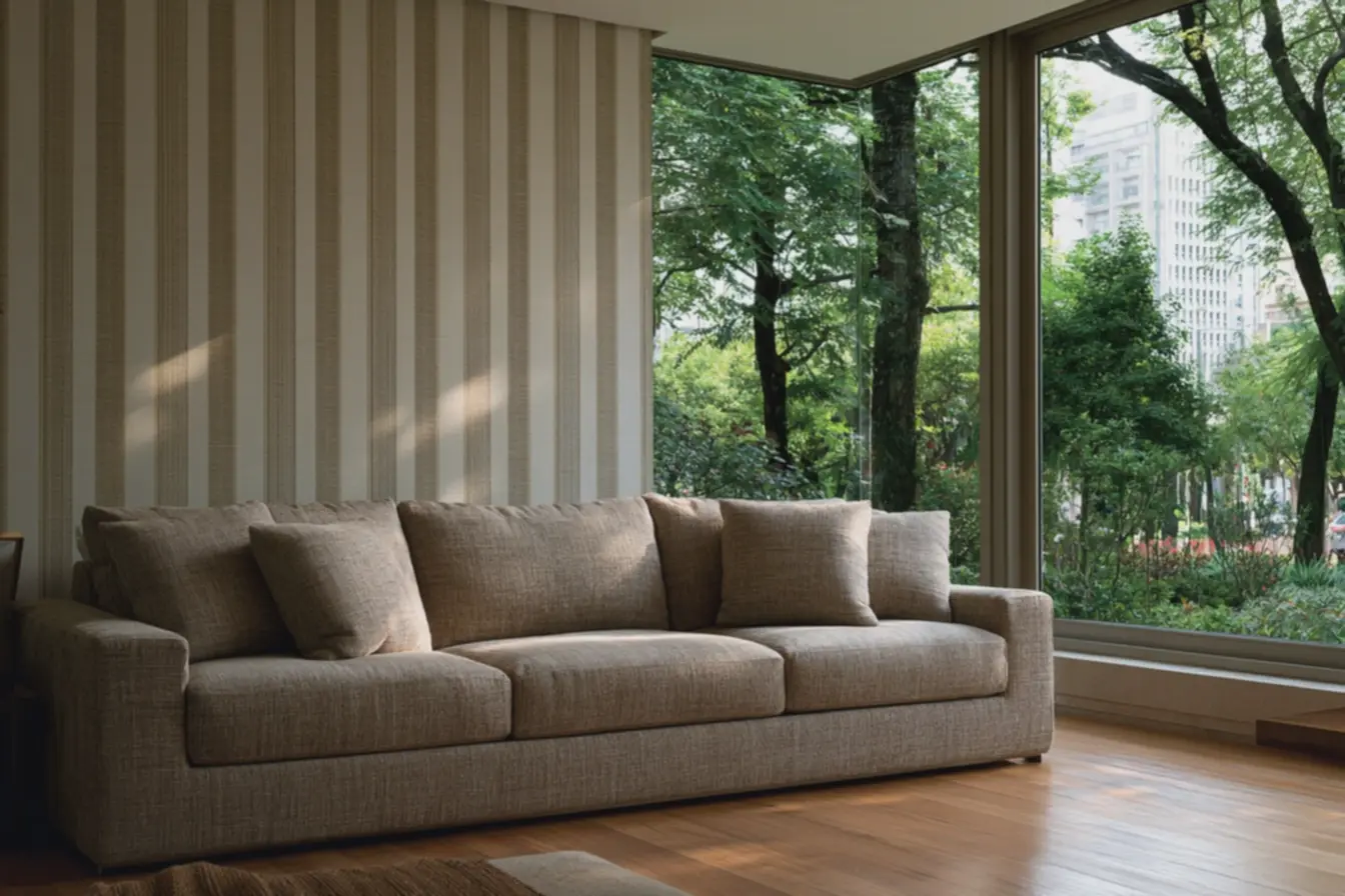 decoracao-neutra-com-sofa-marrom-claro-combinando-com-papel-de-parede-quevaloriza-profundidade Listras que enganam o olho: quando o papel de parede listrado reduz a sensação de espaço decoracao-neutra-com-sofa-marrom-claro-combinando-com-papel-de-parede-quevaloriza-profundidade Listras que enganam o olho: quando o papel de parede listrado reduz a sensação de espaço