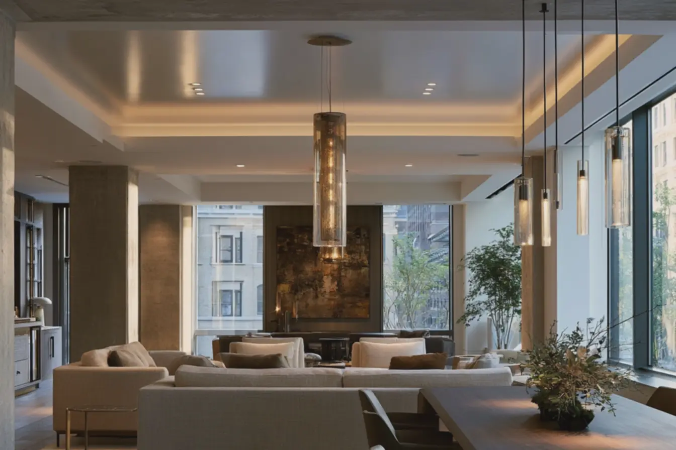 design-leve-e-acabamento-metalico-refletindo-luz-ambiente-em-sala-de-estar-compe-direito-baixo Luminária pendente para pé-direito baixo: modelos que ampliam o espaço design-leve-e-acabamento-metalico-refletindo-luz-ambiente-em-sala-de-estar-compe-direito-baixo Luminária pendente para pé-direito baixo: modelos que ampliam o espaço