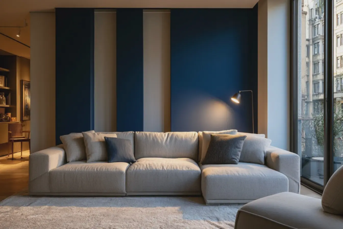 design-sofisticado-combinando-sofa-cinza-claro-com-pintura-vertical-e-tapeteclaro-para-ampliar-espaco Parede de destaque vertical: faixas de cor que alongam tetos baixos design-sofisticado-combinando-sofa-cinza-claro-com-pintura-vertical-e-tapeteclaro-para-ampliar-espaco Parede de destaque vertical: faixas de cor que alongam tetos baixos