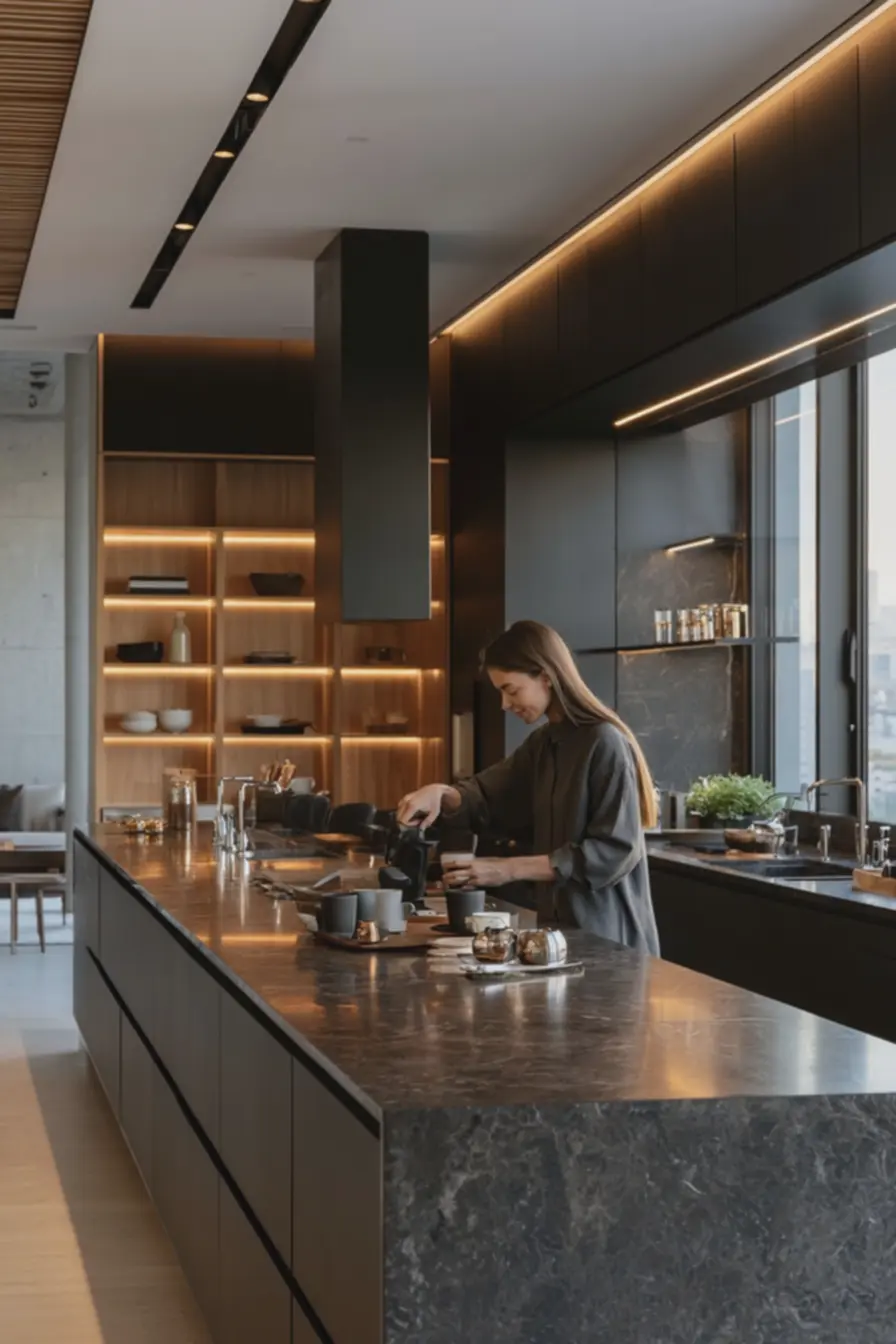 detalhes-cromados-e-iluminacao-estrategica-em-cozinha-preta-com-piso-claro-paracontraste-visual O charme inesperado das cozinhas escuras: ideias para deixar o espaço mais leve e acolhedor detalhes-cromados-e-iluminacao-estrategica-em-cozinha-preta-com-piso-claro-paracontraste-visual O charme inesperado das cozinhas escuras: ideias para deixar o espaço mais leve e acolhedor