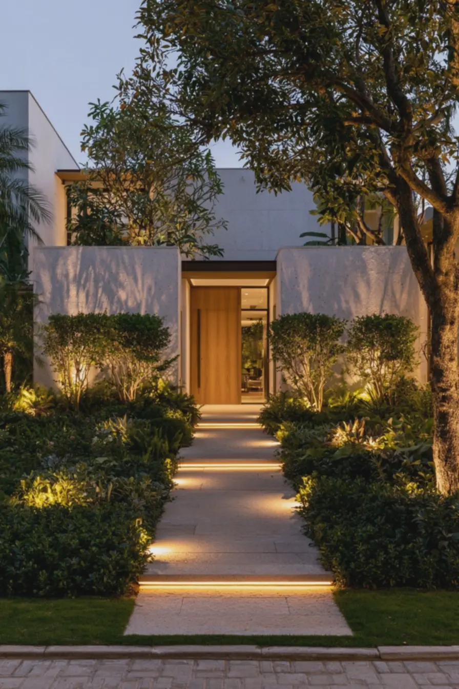 entrada-de-casa-com-caminho-iluminado-por-luz-amarela-quente-e-jardim-organizadoem-camadas-com-arbustos-recortados Jardins e iluminação que ampliam o charme da casa antes mesmo da porta se abrir entrada-de-casa-com-caminho-iluminado-por-luz-amarela-quente-e-jardim-organizadoem-camadas-com-arbustos-recortados Jardins e iluminação que ampliam o charme da casa antes mesmo da porta se abrir