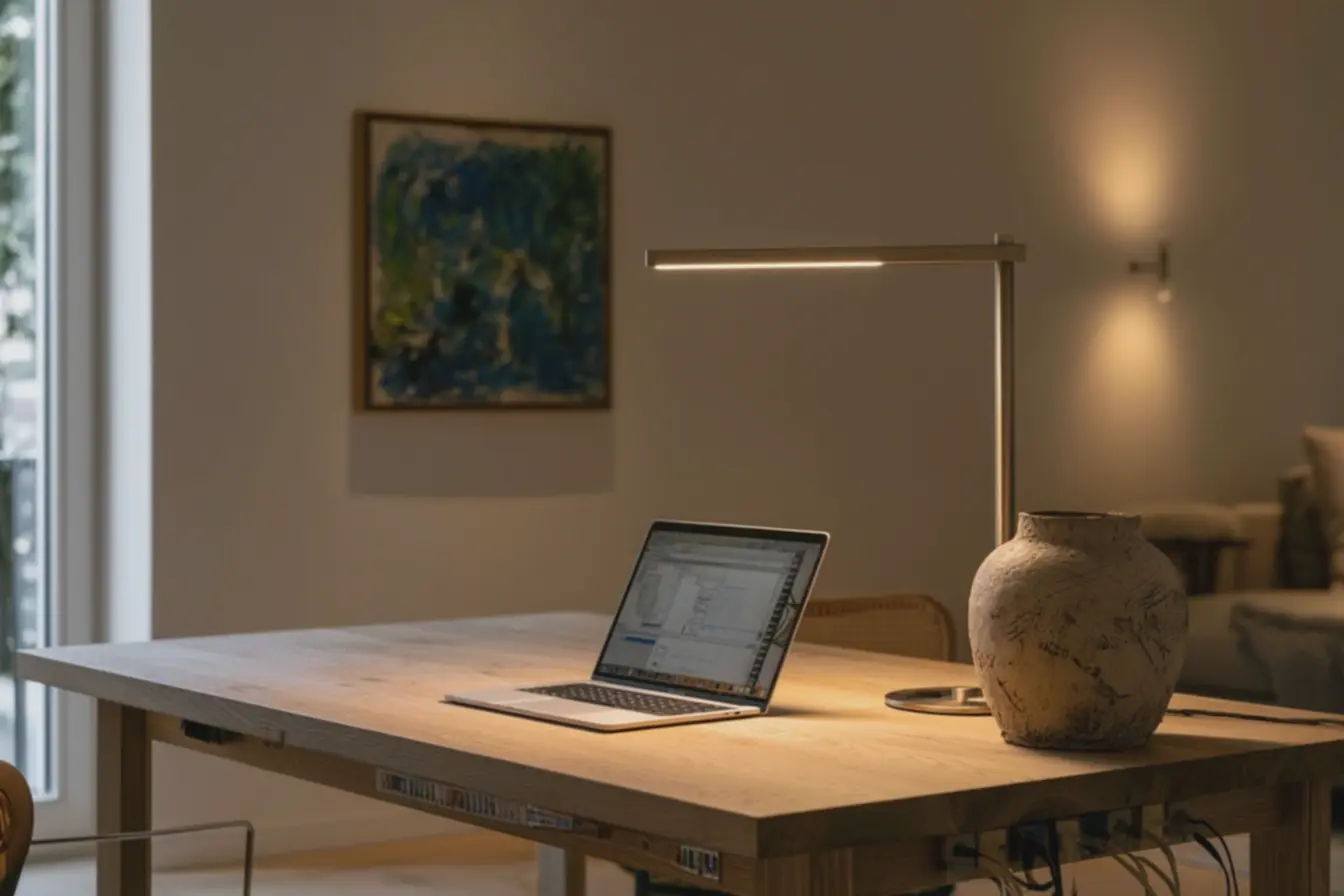 espaco-de-trabalho-com-iluminacao-quente-e-cabos-discretos-promovendo-confortovisual-e-concentracao Decoração de home office: o detalhe inesperado que muda tudo na sua produtividade espaco-de-trabalho-com-iluminacao-quente-e-cabos-discretos-promovendo-confortovisual-e-concentracao Decoração de home office: o detalhe inesperado que muda tudo na sua produtividade
