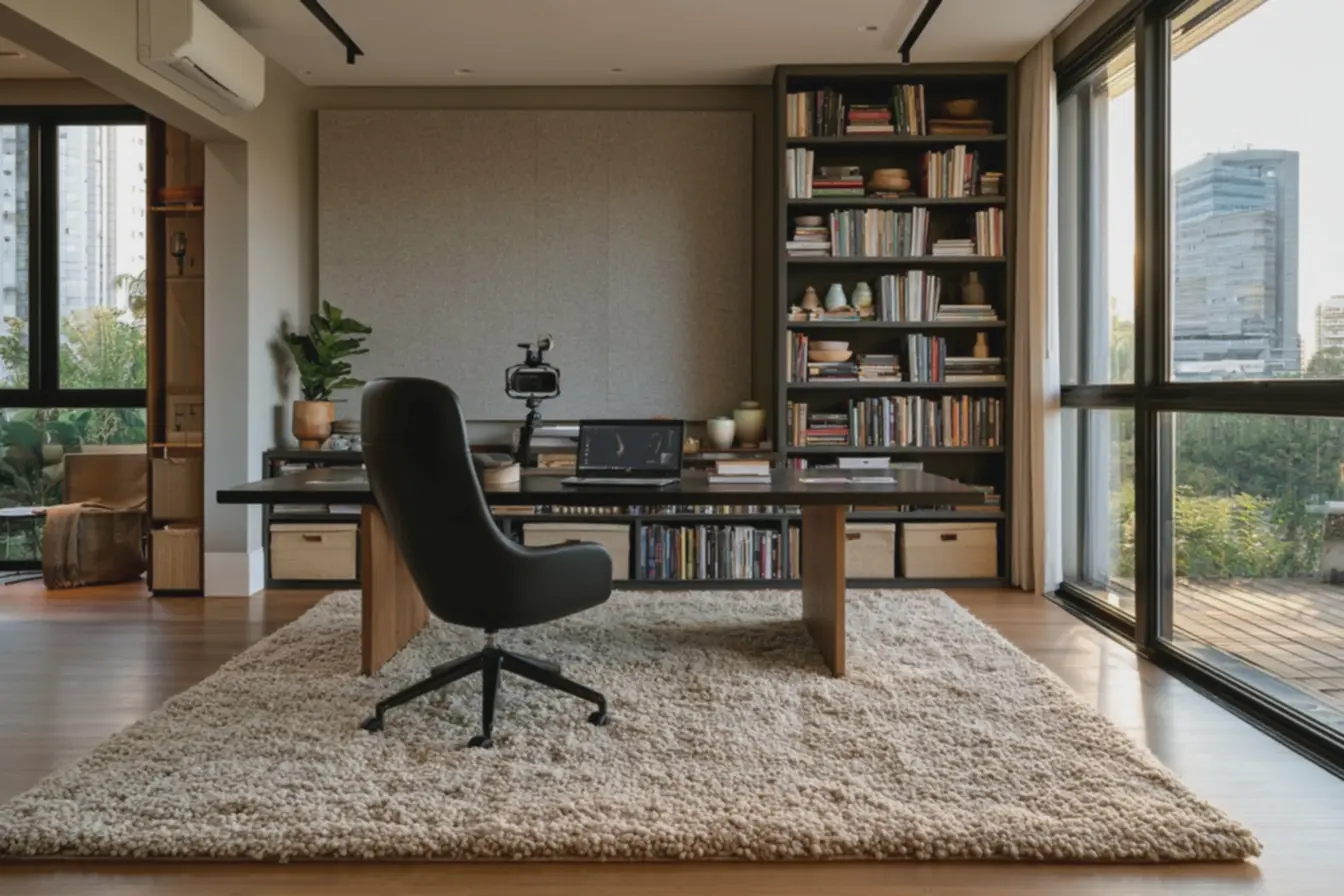 espaco-de-trabalho-integrando-estetica-e-acustica-com-painel-acustico-tapetegrande-e-decoracao-rica-em-texturas Acústica no home office: painéis, tapetes e estantes que melhoram foco e chamadas espaco-de-trabalho-integrando-estetica-e-acustica-com-painel-acustico-tapetegrande-e-decoracao-rica-em-texturas Acústica no home office: painéis, tapetes e estantes que melhoram foco e chamadas