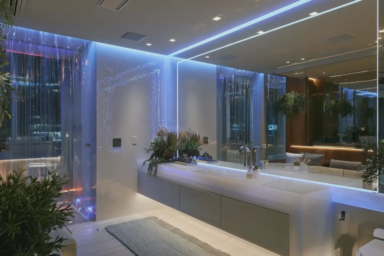 espelho-bisotado-grande-com-luz-de-fita-led-azulada-criando-ambiente-futurista-eelegante Banheiro pequeno bem decorado: ideias que ampliam sem gastar quase nada espelho-bisotado-grande-com-luz-de-fita-led-azulada-criando-ambiente-futurista-eelegante Banheiro pequeno bem decorado: ideias que ampliam sem gastar quase nada