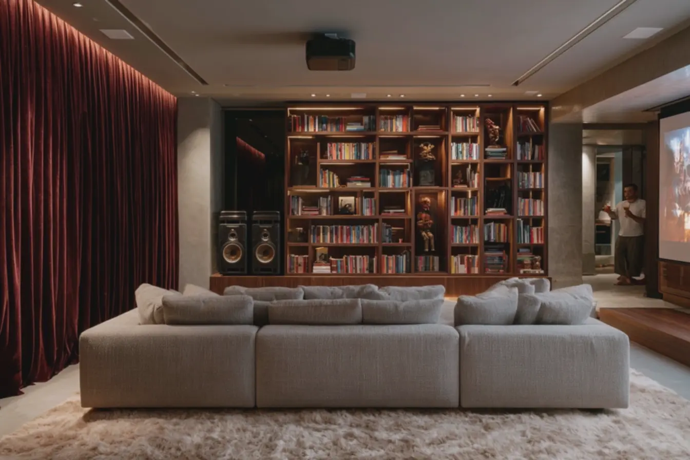 estante-de-madeira-escura-com-objetos-decorativos-para-controle-de-reflexoessonoras Acústica e isolamento para sua sala de cinema em casa sem obras estante-de-madeira-escura-com-objetos-decorativos-para-controle-de-reflexoessonoras Acústica e isolamento para sua sala de cinema em casa sem obras